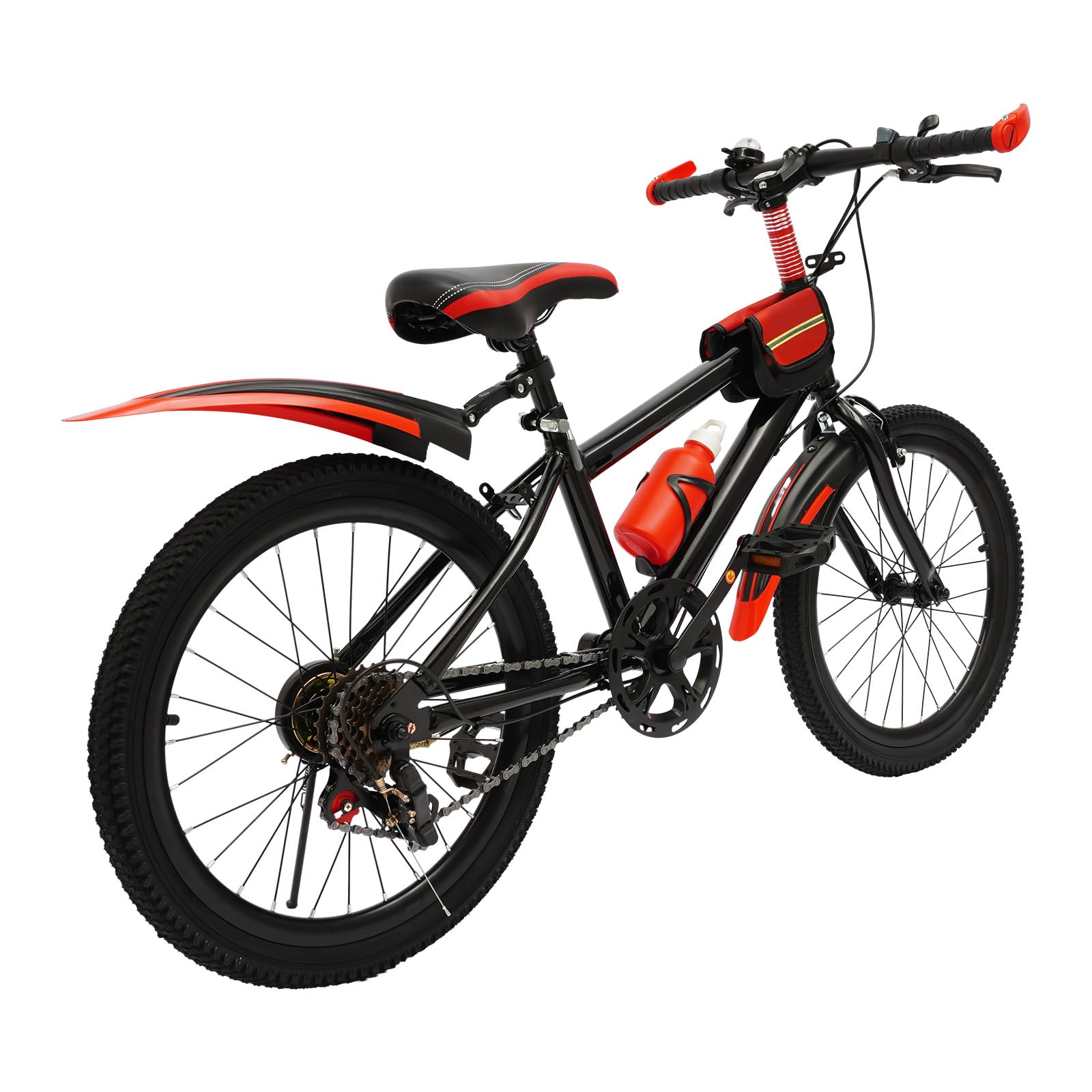 Vélo VTT pour enfant de 20 ", en acier au carbone, capacité de charge 75 kg, rouge, 7 vitesses, hauteur réglable, avec sac de rangement, vélo pour enfants à partir de 8 ans, garçons et filles