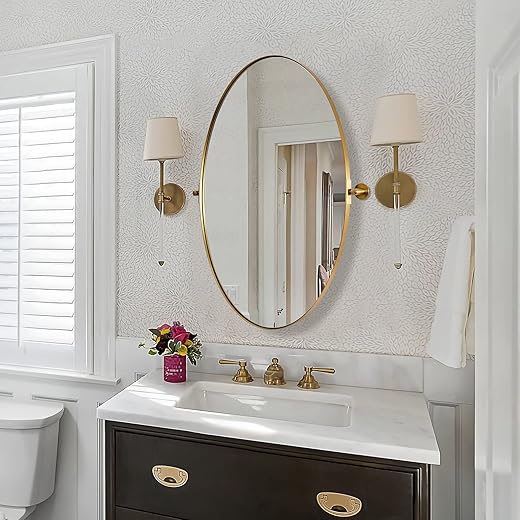 MOON MIRROR Gold Oval Pivot Mirror for Wall Mounted Bathroom Vanity, Metal Framed Tilting (23.75" x 28")