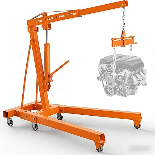 2 Ton Engine Hoist with Leveler, 4400 Lbs Folding Hydraulic Cherry Picker, Heavy-Duty Shop Crane with 6 Caster Wheels, 4 Adjustable Boom Positions, for Warehouse, Garage and Workshop, Orange