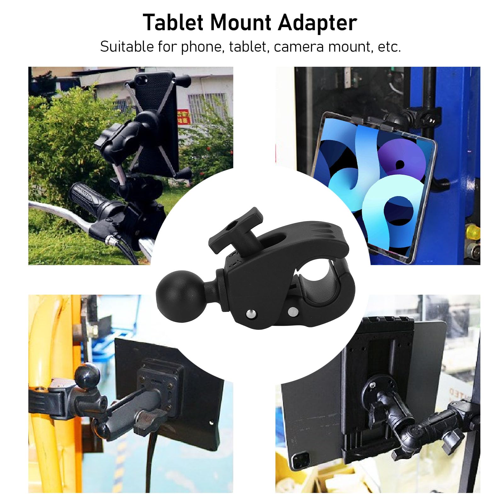 Adapter do mocowania tabletu z głowicą kulową Zacisk szybkiego zwalniania Nie wymaga wiercenia w przypadku 26 szyn o średnicy 53 mm Bezpieczny stojak na aparat telefoniczny do