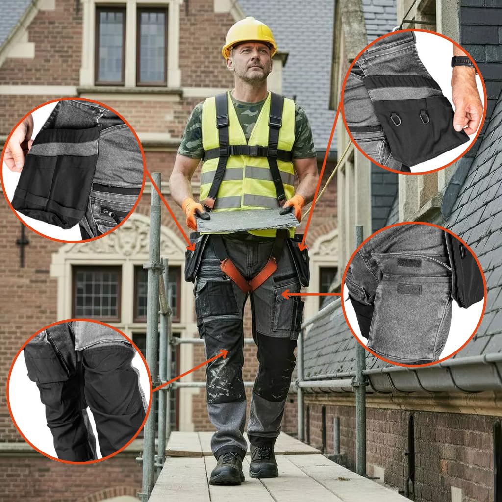 NEO TOOLS Robuste Jeans Arbeitshose, Strapazierfähige Bundhose für Herren | Aus Denim, 400 g/m² mit Kniepolstertaschen, Cordura-Verstärkungen & Stretch-Anteil