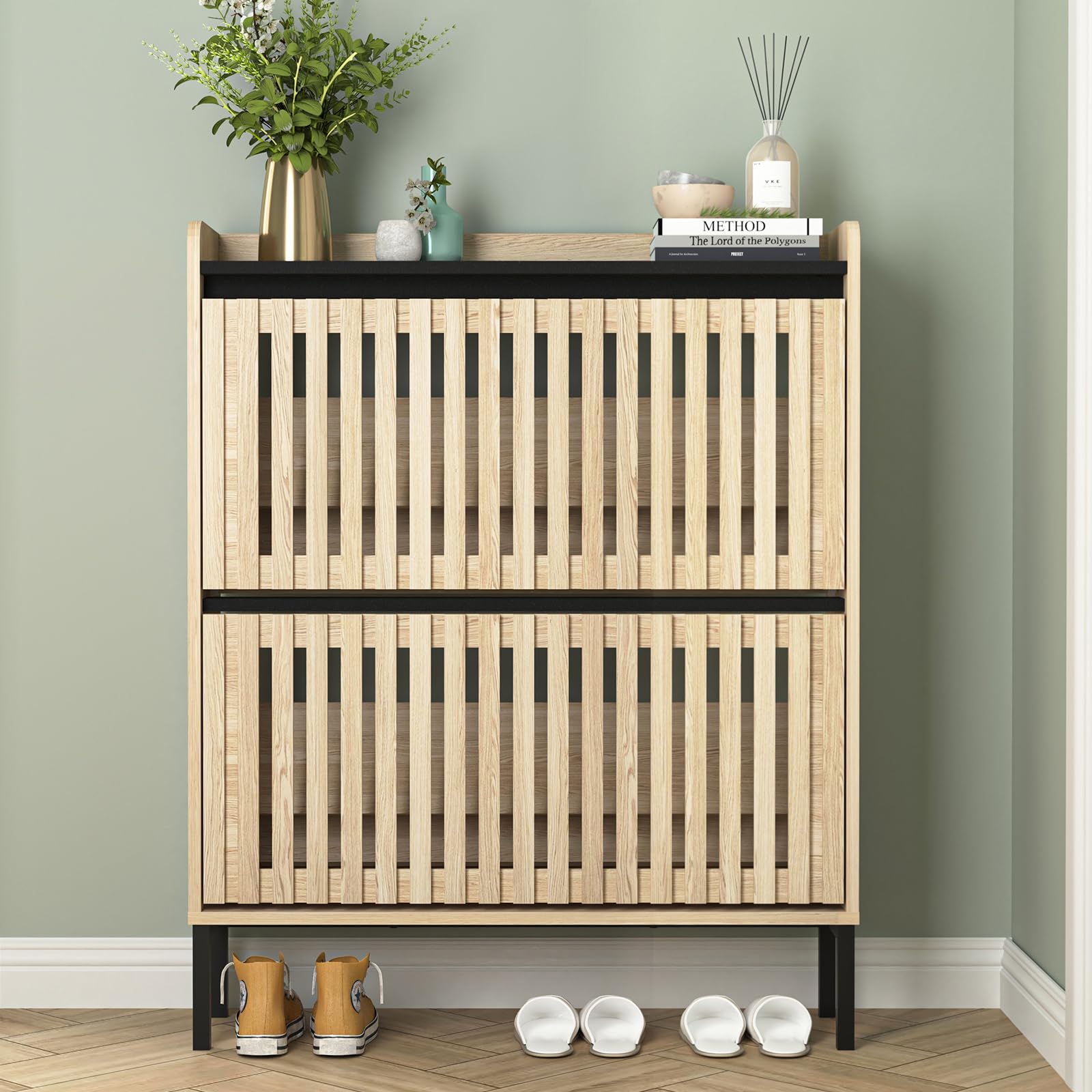 UZUGUL Shoe Cabinet for Entryway,Slim Hidden Shoe Storage Cabinet with 2 Flip Drawers for Entryway,Shoe Rack Organizer Cabinet with Metal Leg for Closet,Hallway (Oak)