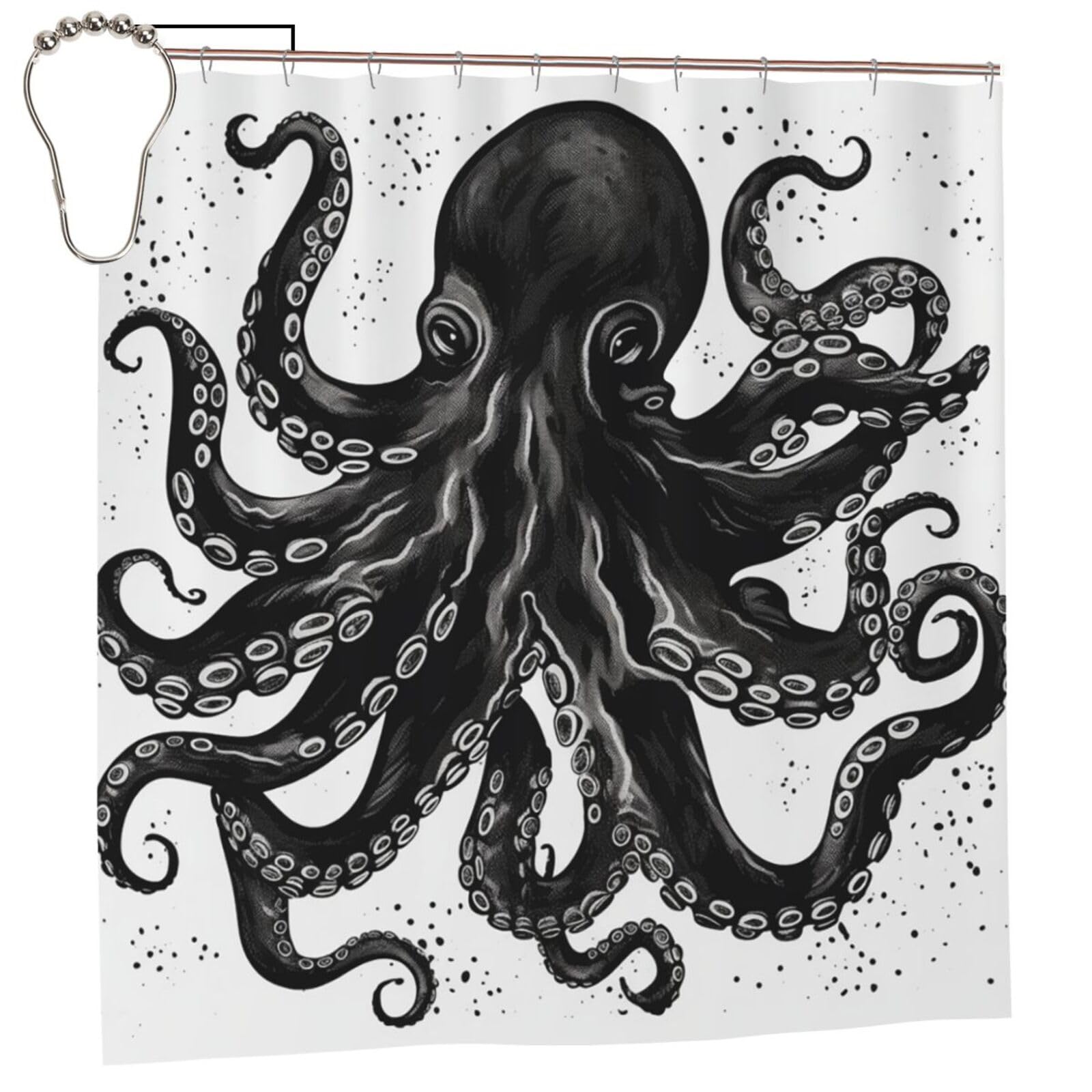 FodPand Classic Black Octopus Shower Curtain 70"x70" Waterproof Long Bathroom Curtain Heavy Duty Thick Cloth Bath Curtain Set with Hooks, Modern Abstract Art Pattern Bathroom Shower Curtains