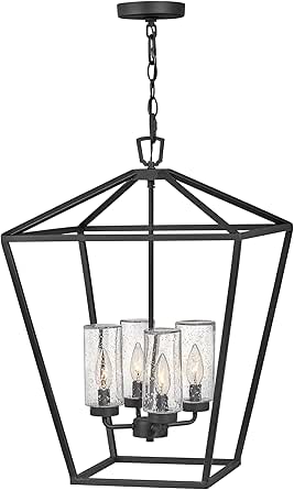 Hinkley Alford Place 2567MB Large Outdoor Open Cage Chandelier, Die Cast Aluminum Frame, Colonial-Style Candelabra, Clear Seedy Glass Shades, Museum Black