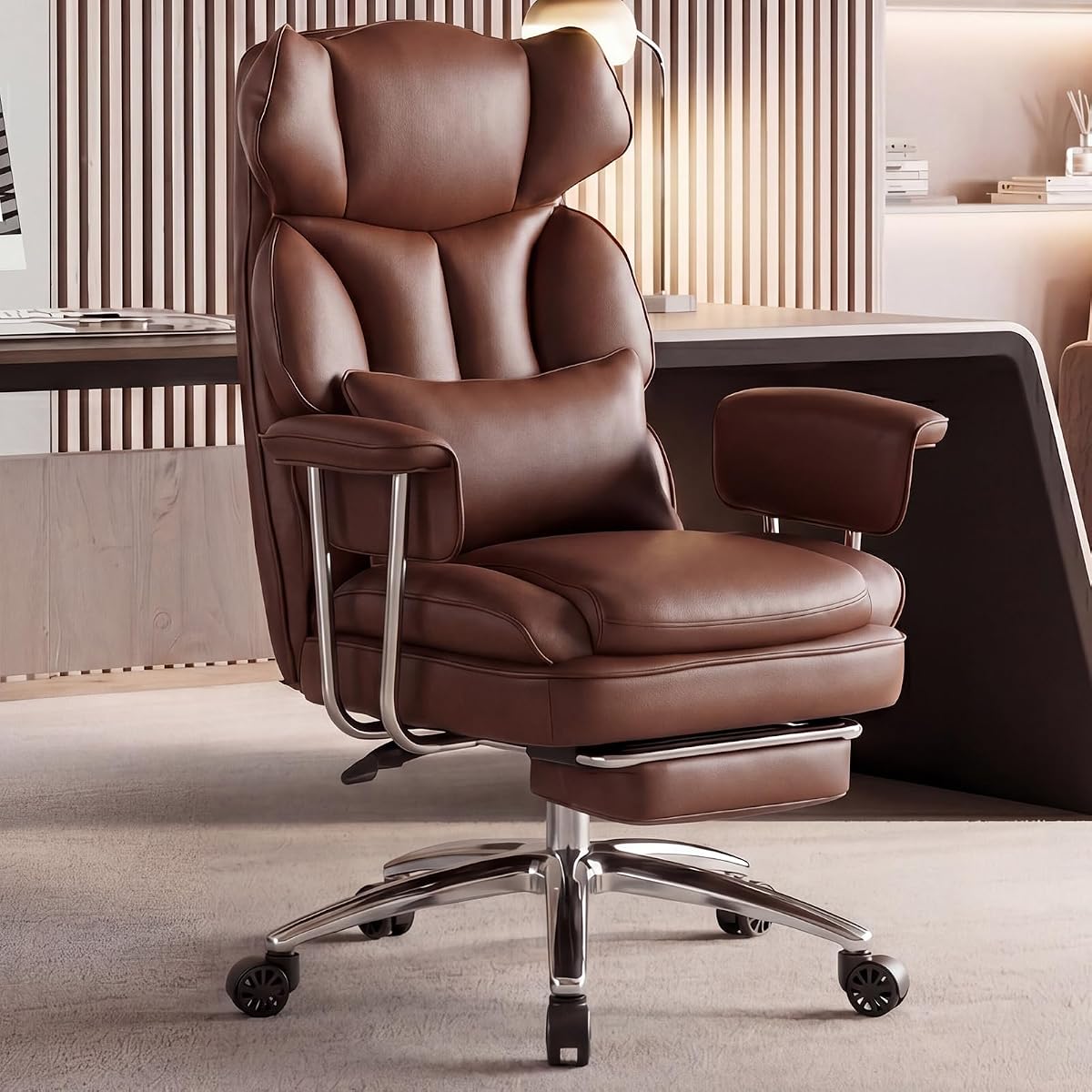 DUMOS Ergonomic Home Office Desk Chair, Executive Chair, PU Leather | Big Tall High Back, Lumbar Support, Reclining Height Adjustable, Computer Gaming, Footrest Swivel Wheels, Brown