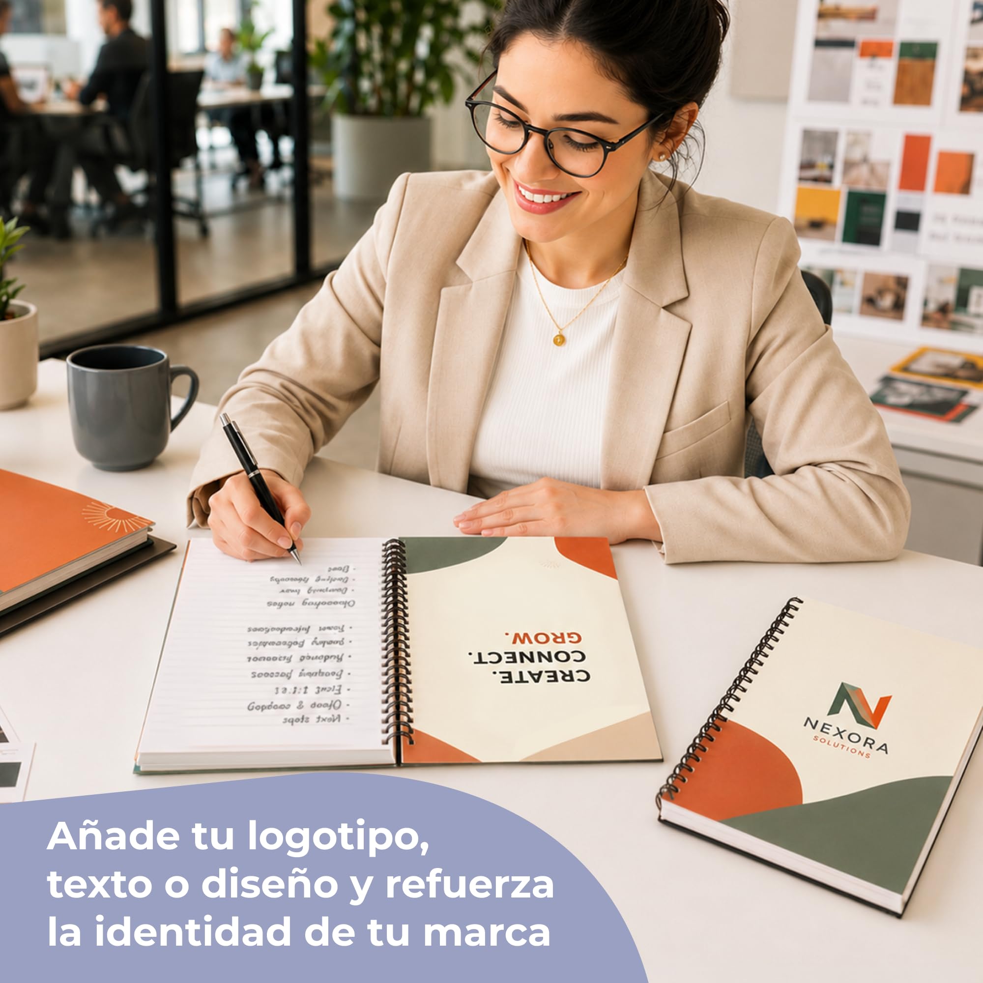 Cuaderno A5 personalizable, logotipo o texto, Cuadriculado, 10 unidades | Cubierta brillante 300 g/m², 160 páginas papel 90 g/m², espiral, ideal para reuniones, formación y regalos de empresa