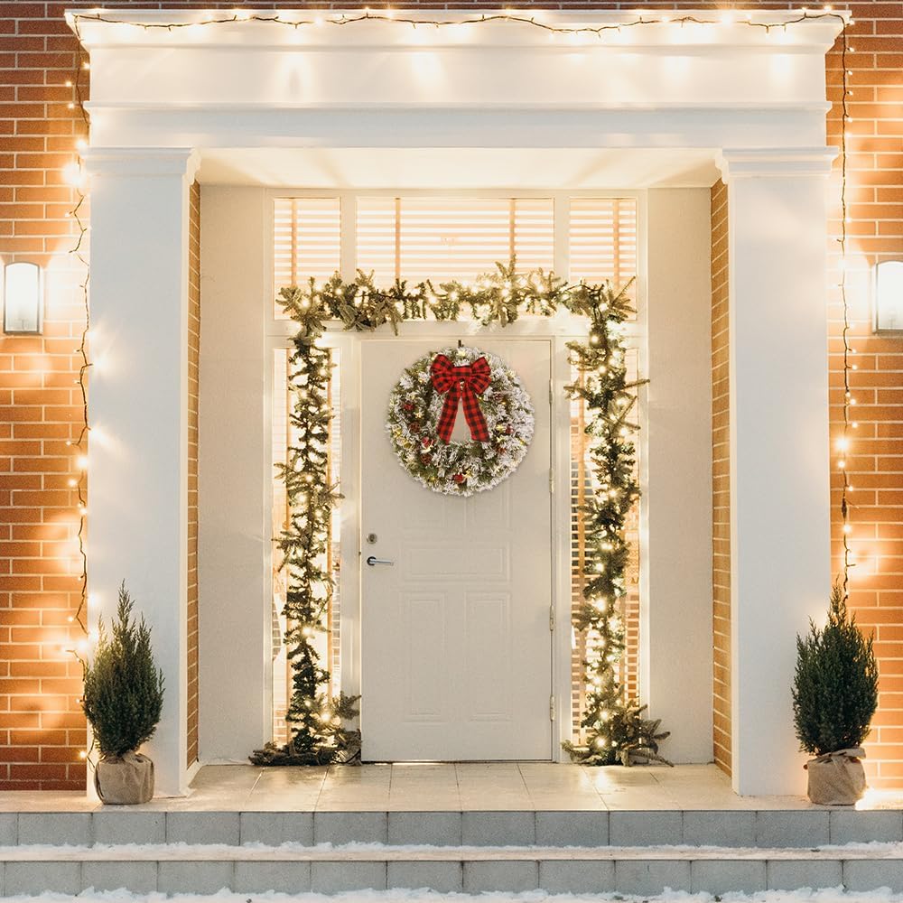 Christmas Wreaths for Front Door, DECSPAS 24 Inch 2 FT Prelit Snowy Flocked Christmas Wreath with Timer 30 LED Lights Bow Red Berries Pine Cone, Xmas Wall Windows Decorations Home Decor Outdoor Indoor