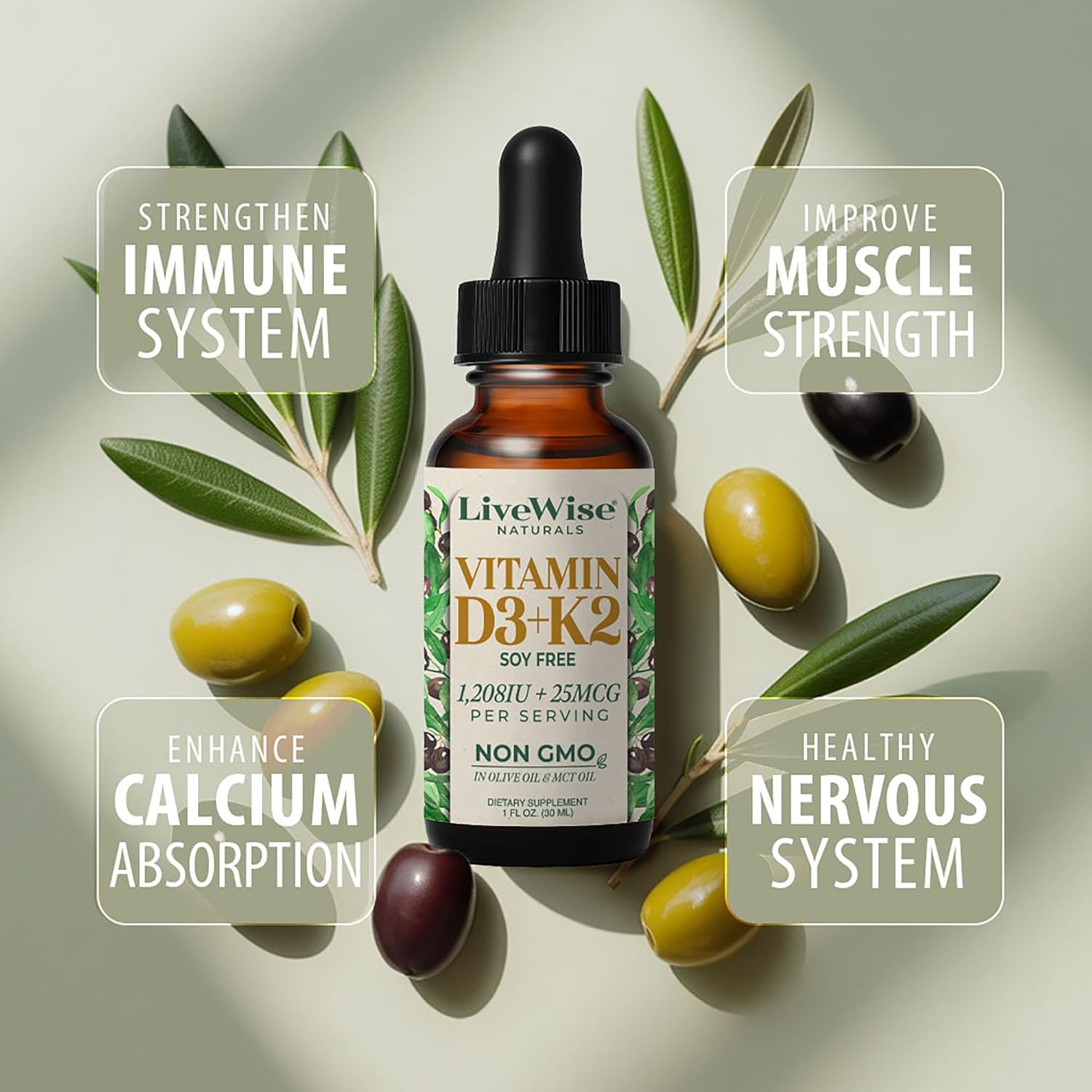 Live Wise Naturals Vitamin D3 K2 Drops for Adults - 930 Drops, Ultra Concentrated Formulation, Fast Absorption 1208 IU Vitamin D3, 25 MCG (MK-7) - Micro-Dosing Dropper for Calcium & Bone Support