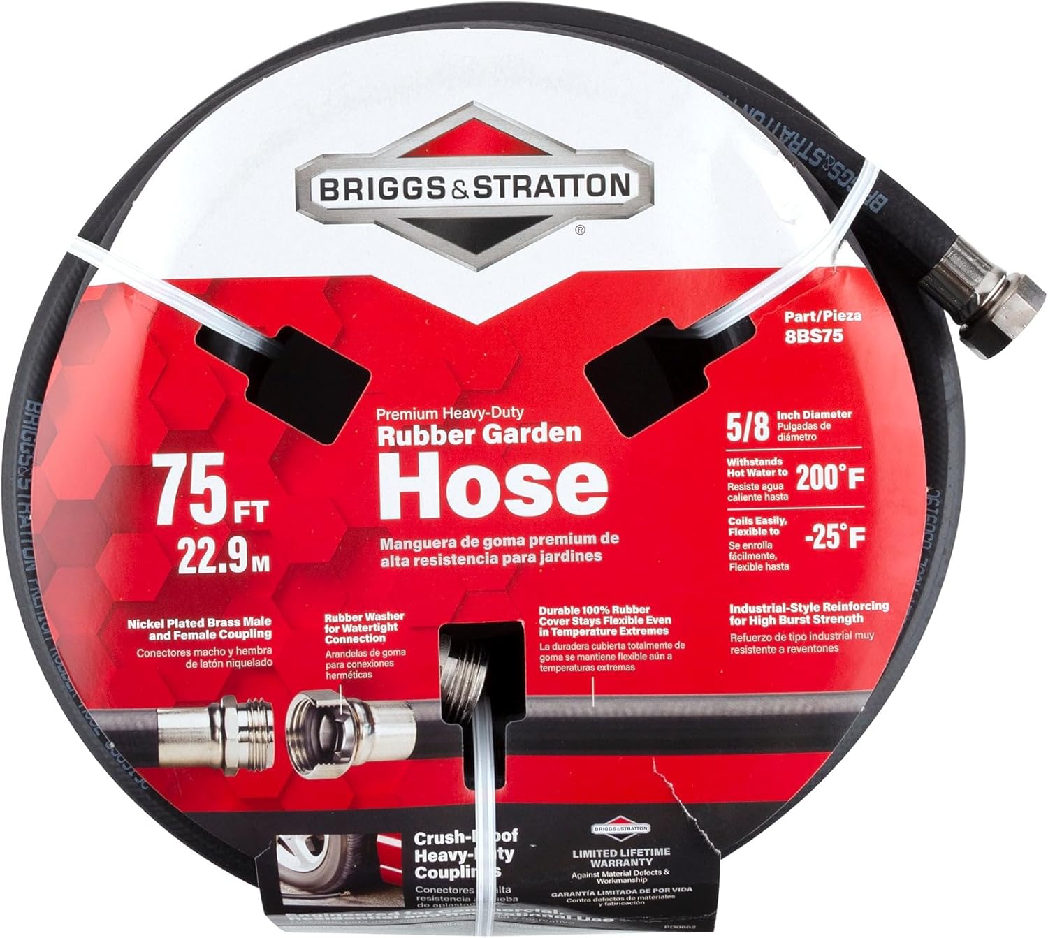 Briggs and Stratton 8BS75 75-Foot Premium Heavy-Duty Rubber Garden Hose, Brass