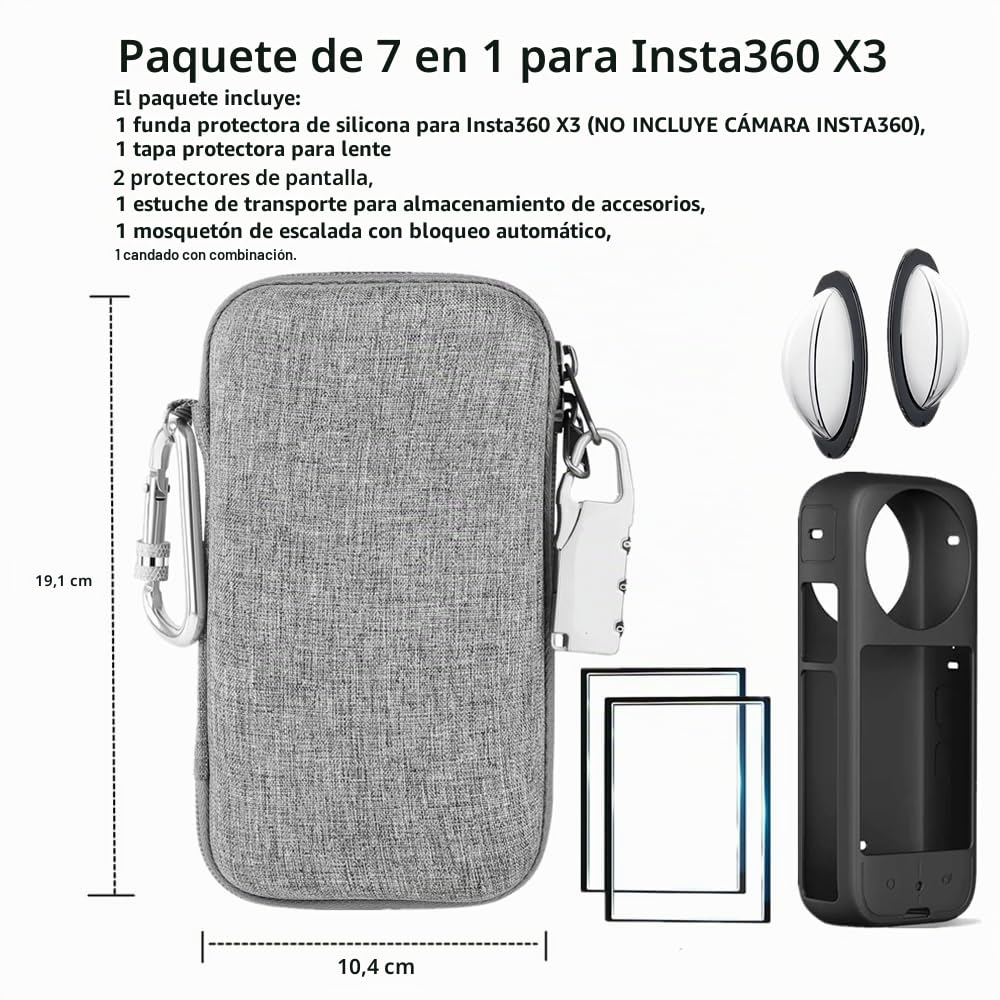 Kit de accesorios 7 en 1 compatible con Insta360 X3 [funda de silicona para cámara][tapa de la lente] [protector de pantalla] [funda de transporte para exteriores incluye