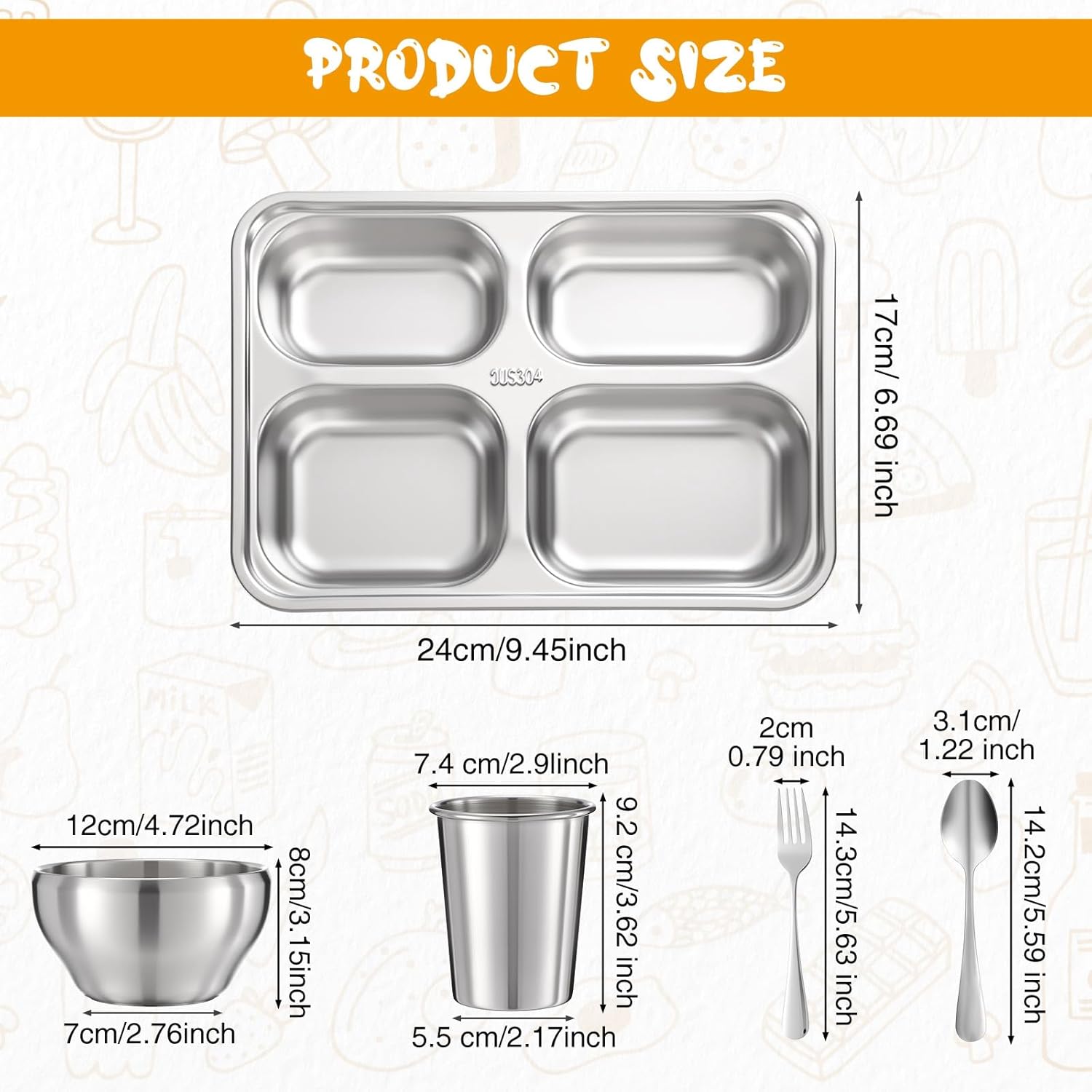 Jinei 20 Pcs Stainless Steel Dishes Set 4 Stainless Steel Plates, 4 Bowls, 4 Cups, 4 Spoons, 4 Forks, Dishwasher Safe, Durable Dining Set for Home Travel Camping (Fine)