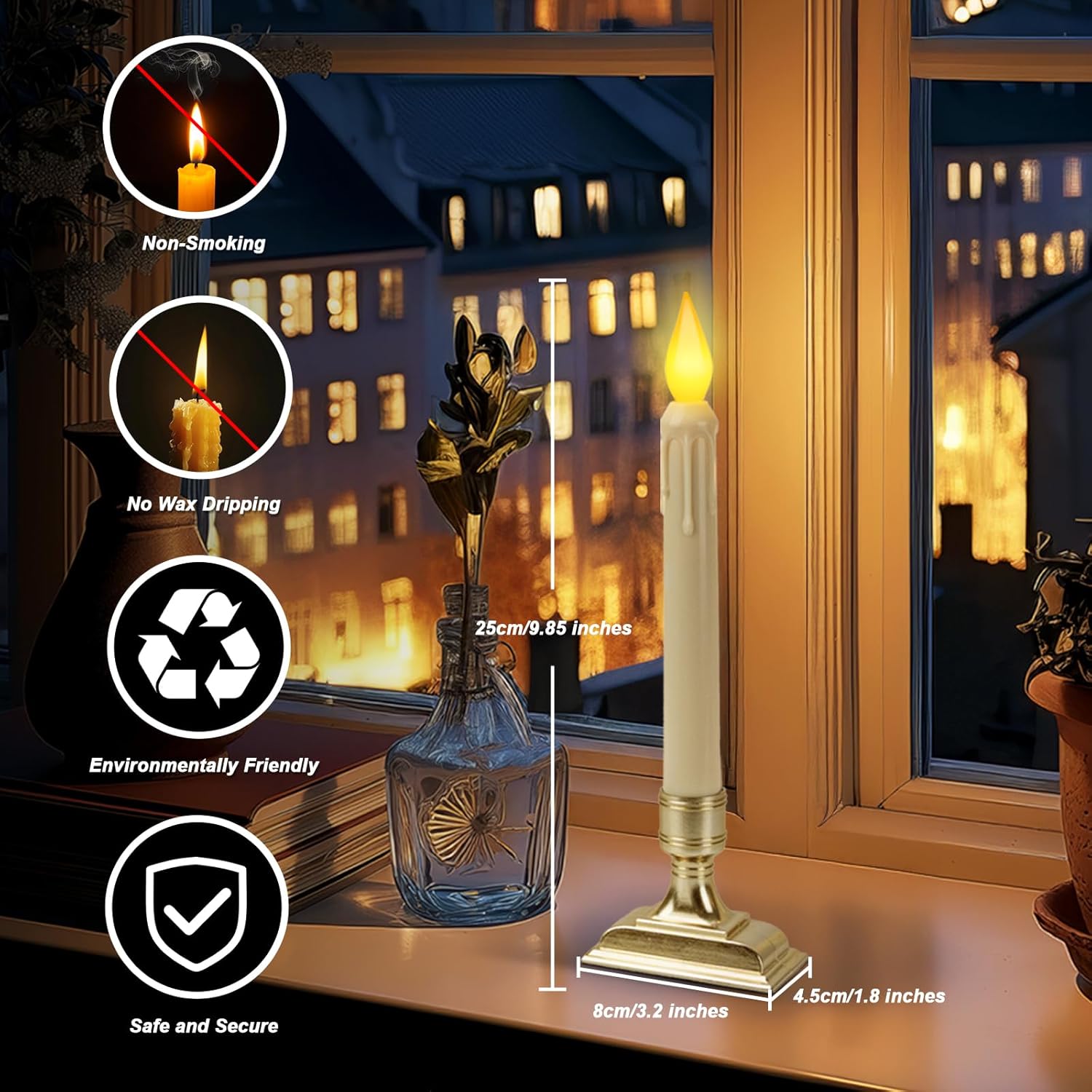 6 Pcs Sensor Dawn to Dusk Window Candles, Flickering Battery Candles for Windows, Ultra Bright Fake Candle Lights with Gold Holders, Led Candlesticks for Xmas Home Decor, Warm Yellow Light