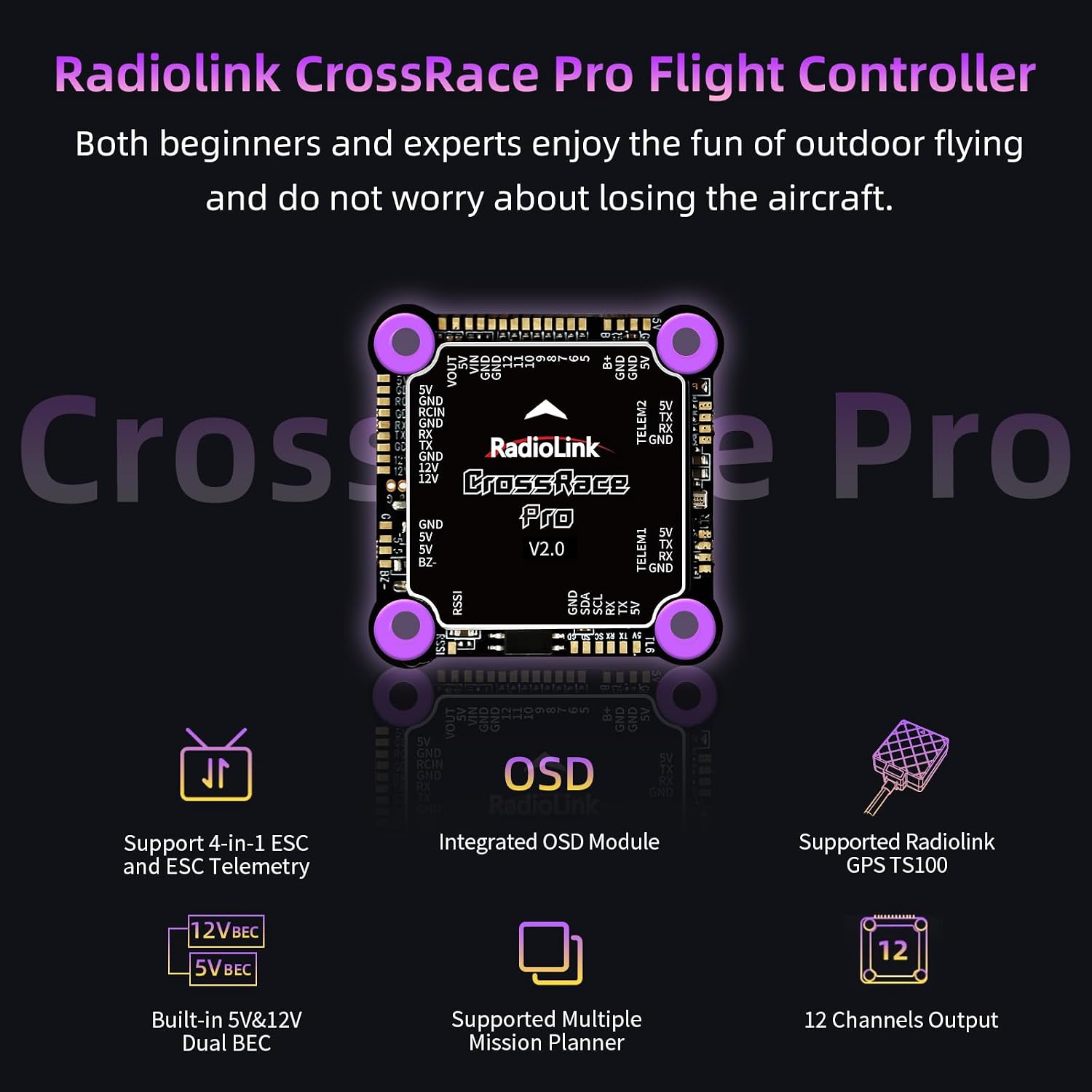 ATA HOBBY Radiolink CrossRace Pro APM Flight Controller 37x37 with Gyro, Accelerometer, Barometer Built-in 5V&12V Dual BEC, Support 4-in-1 ESC and ESC Telemetry for Racing Drone, 2-8 Multi-Rotor