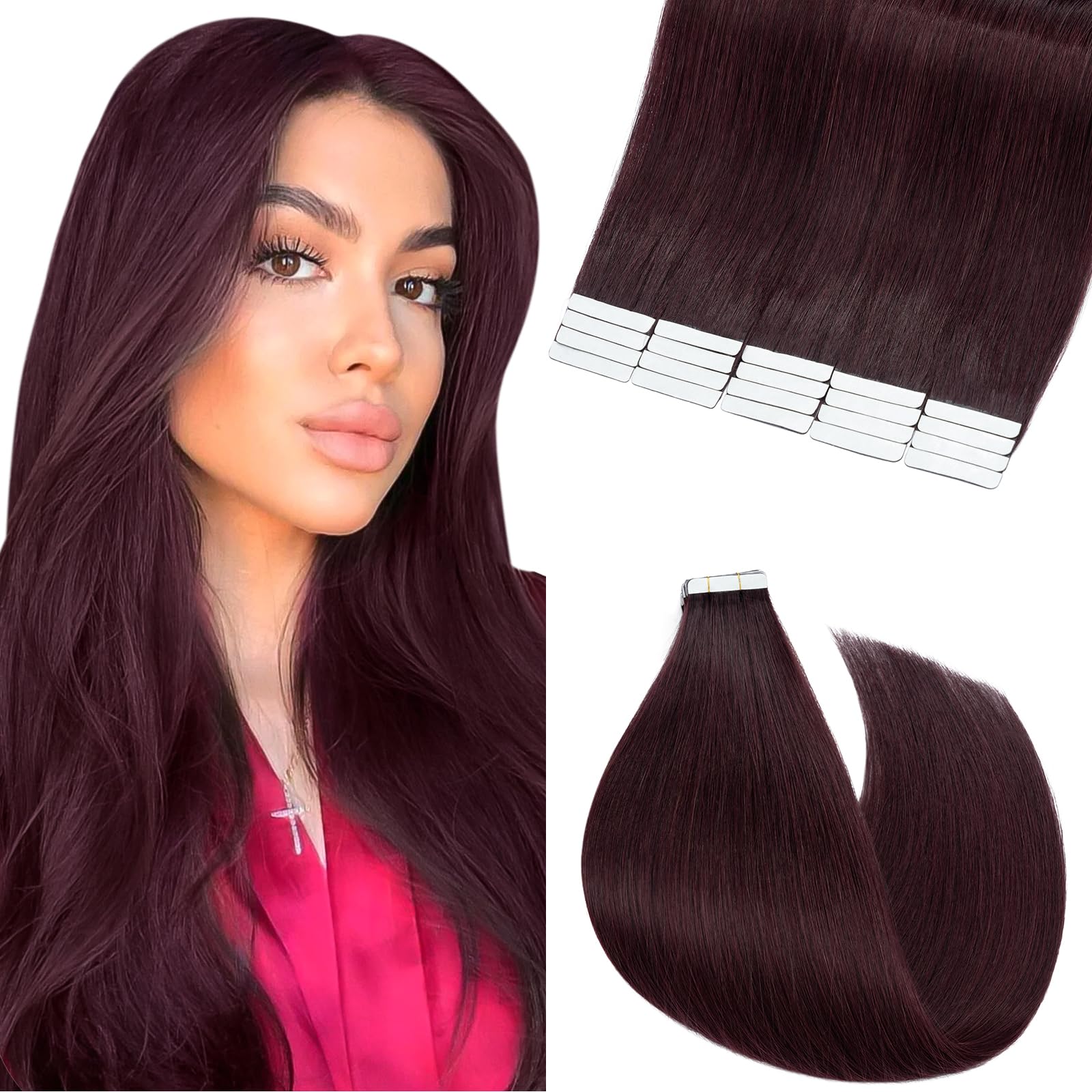 Elailite Tape in Hair Extensions Real Human Hair 20 Pcs, Invisible Skin Weft Real Remy Hair Extension Straight (#99J Wine Red