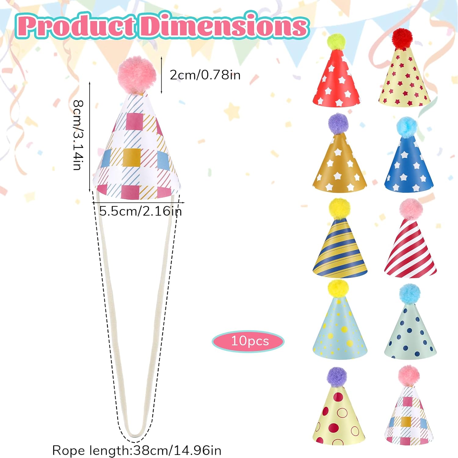 10Pcs Birthday Hats for Dog/Cat, Cute Party Hats for Stuffed Animals | Mini Paper Party Hat with Pom Pom Adjustable Mini Cat Birthday Partys Hat for Kittens Rabbits Small Animals