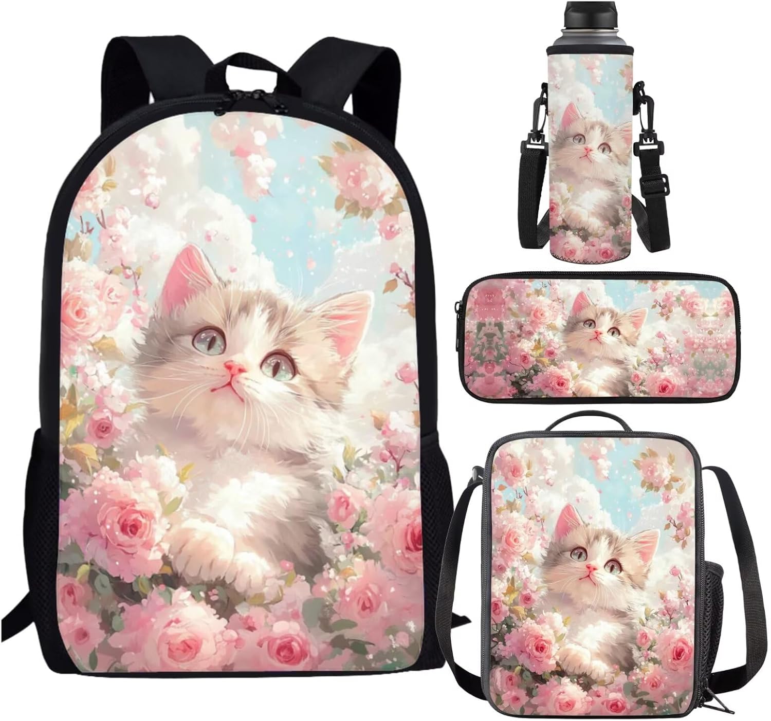 Cat Backpack Lunchbox Set for Girls 4-6/6-8/8-10 Pink Flower Kids Bookbags for 2nd Grade Elementary School Back Pack 4 in 1 Middle Book Bags Lunch Bag Pencil Case Water Bottle Carrier