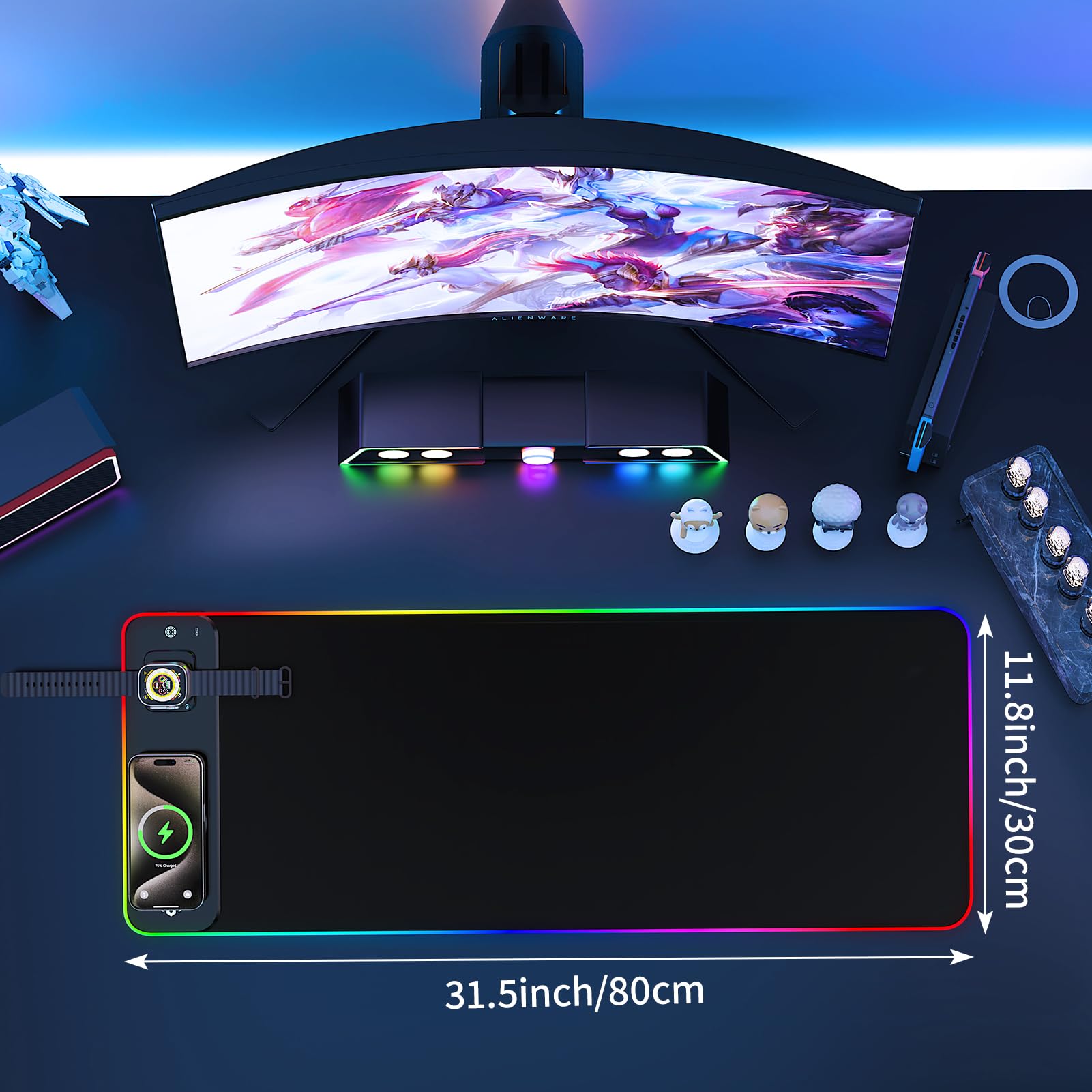 Alfombrilla de ratón RGB Gaming 15W Qi Mousepad LED, 10 modos de iluminación con carga rápida de 15W Qi carga inalámbrica para I-Phone teléfono móvil, auriculares, impermeable, antideslizante para