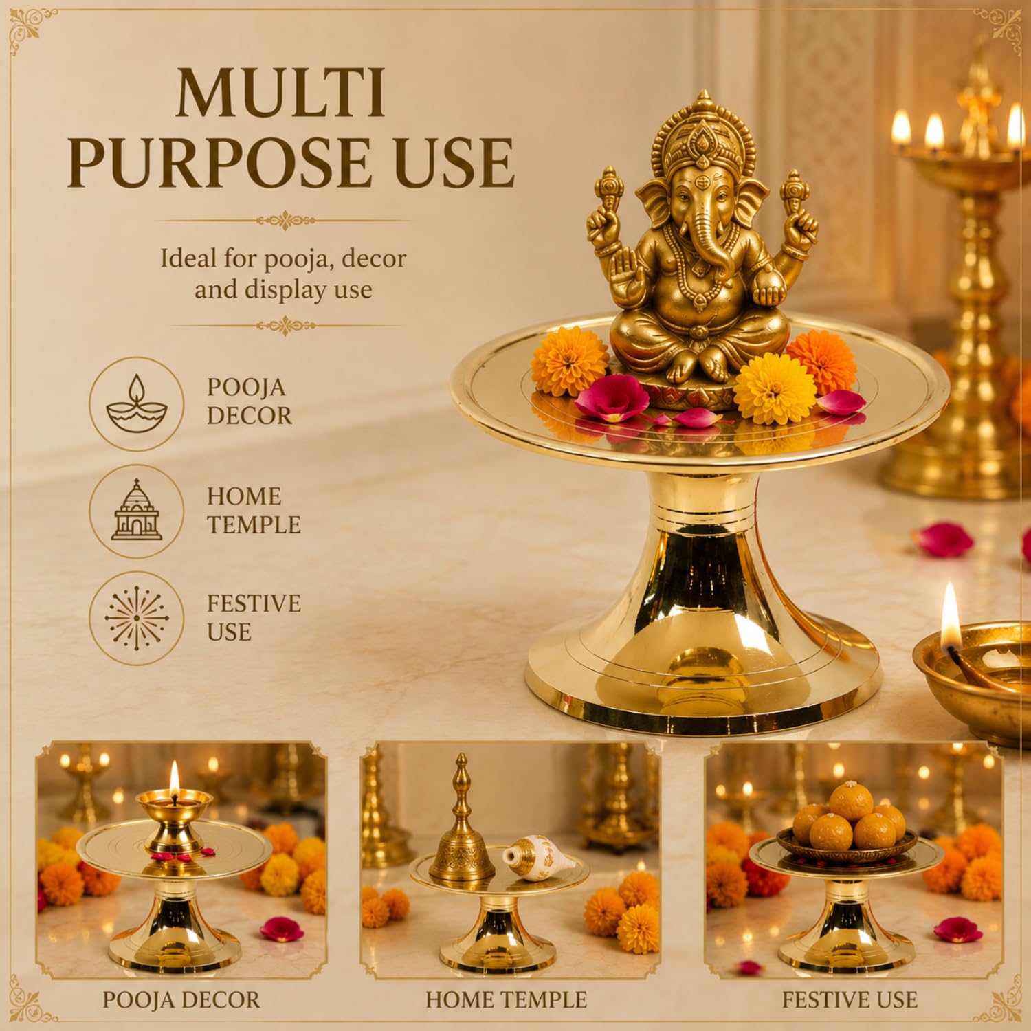 Bhimonee Decor Brass Mukkali Stool | Traditional Pooja Chowki for Home Temple | Religious Ceremonies & Decor | 2.5 Inches | 250gm | Gold