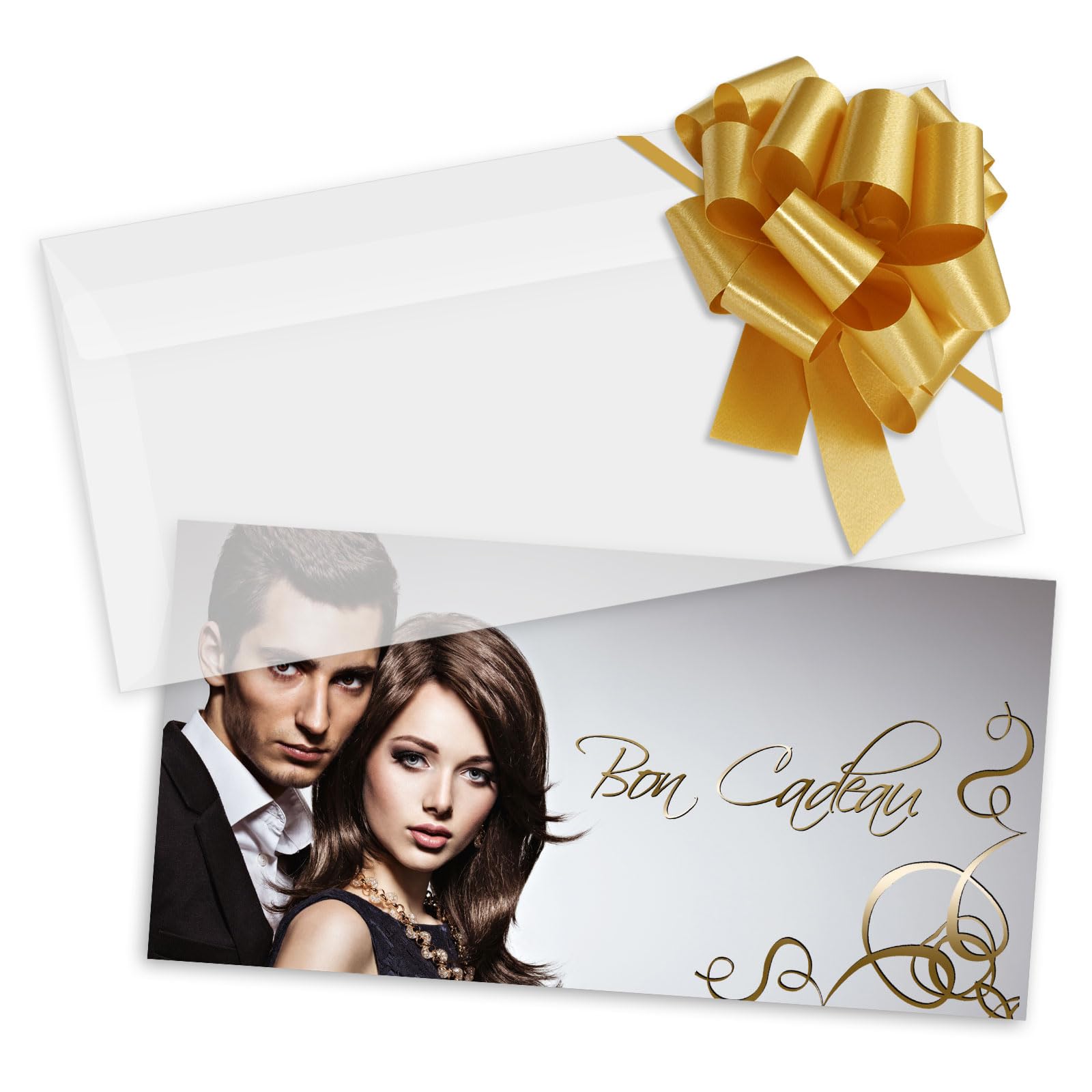 POS BON - 100 bons cadeaux à remplir avec enveloppe/nœud ruban - formulaires imprimés pour des salons de coiffure K9297F-2-100-V2