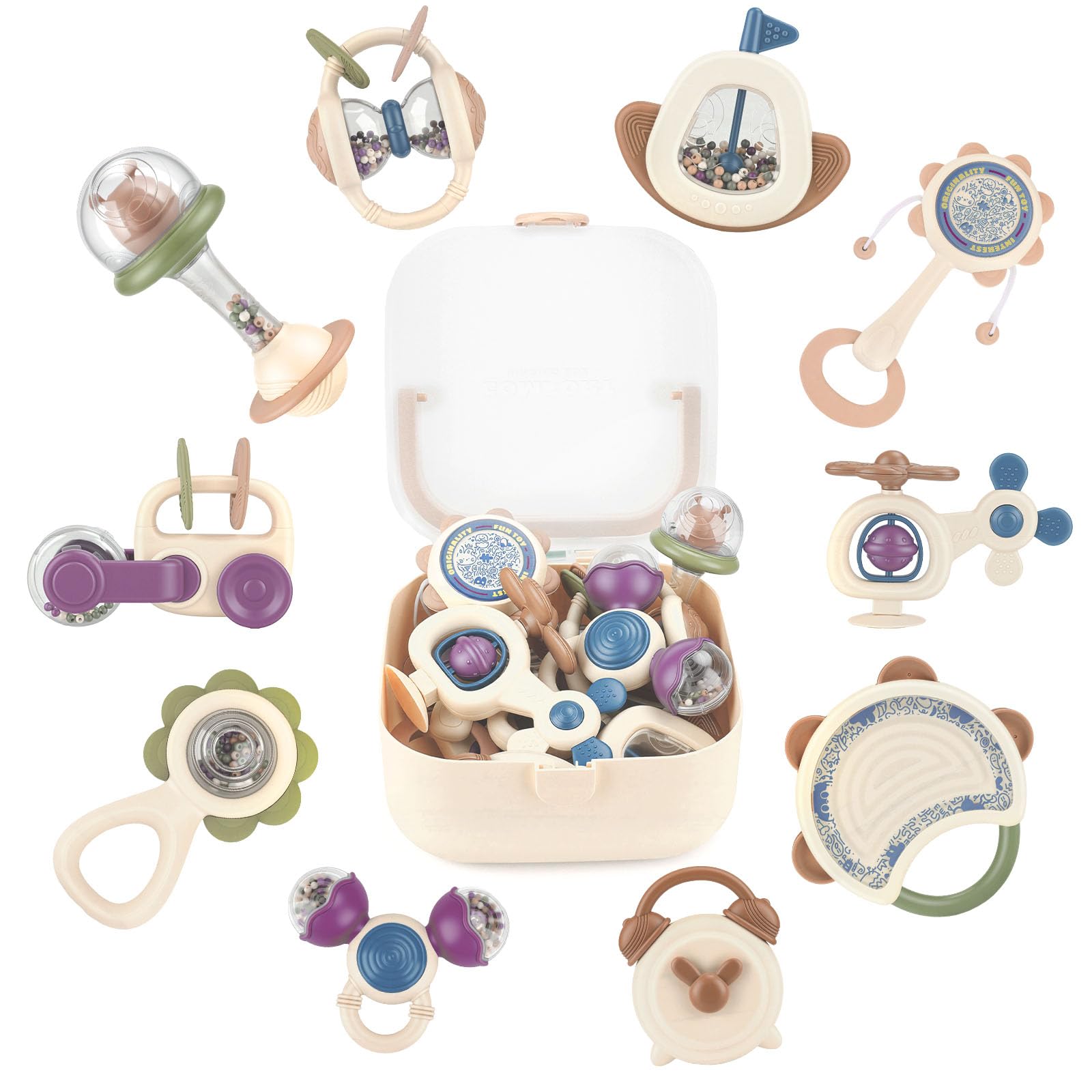 JOYBOY Baby Rassel Beißring Set, 10pcs Montessori Sensorik Baby Spielzeug ab 3 6 9 12 Monaten, Babyspielzeug Zahnungshilfe Shaker Greifling, Geschenk für Junge Mädchen Kleinkinder