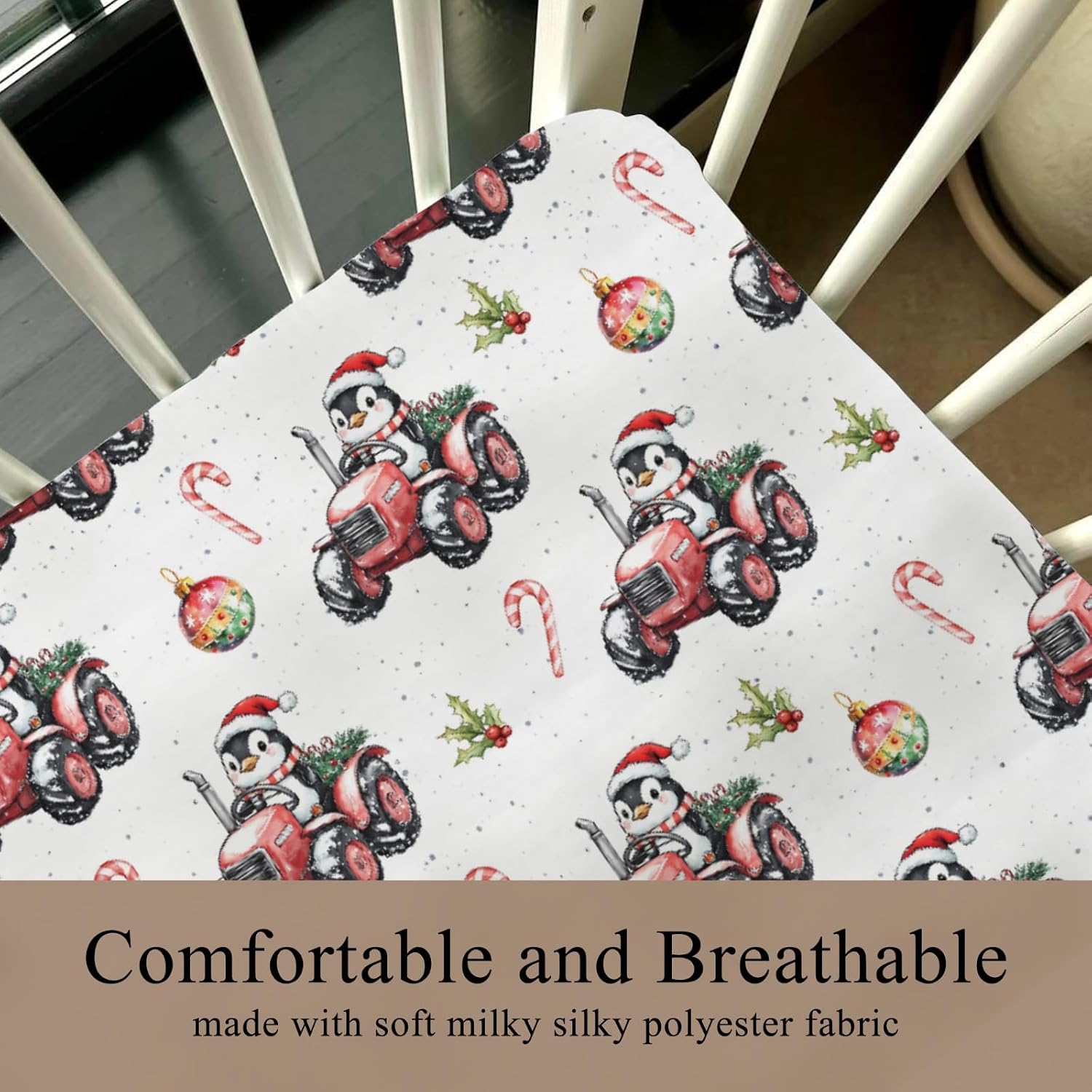 Cute Christmas Penguins Tractor Candy Fir Fitted Crib Sheet for Baby Girls Boys 52x28Inch Red Farm Vehicles Baby Sheet for Standard Crib and Toddler Winter Animals Mattress Tractors One Size