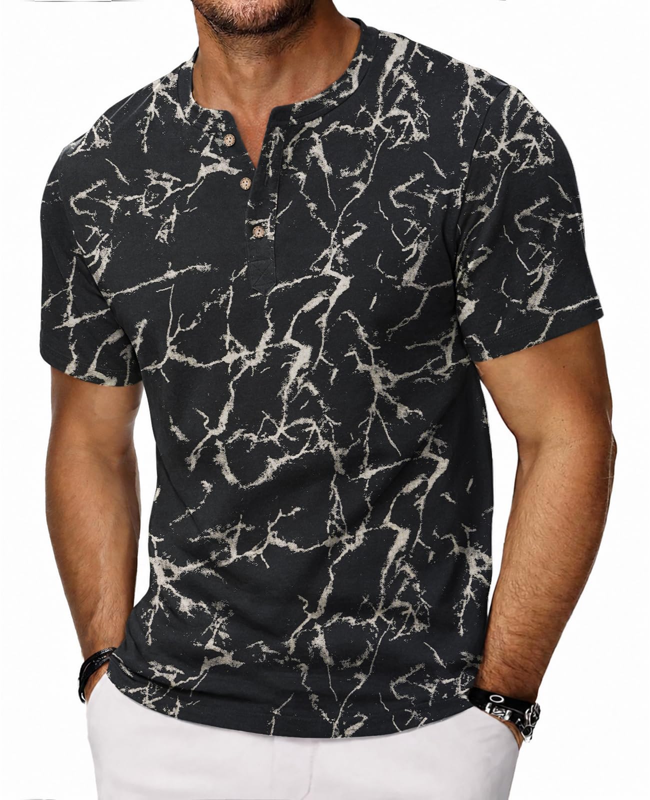 HMIYA Hemd Herren 100% Baumwolle Vintage Henley Shirt Kurzarm T-Shirts für Herren Sommerhemd Beiläufig Männer