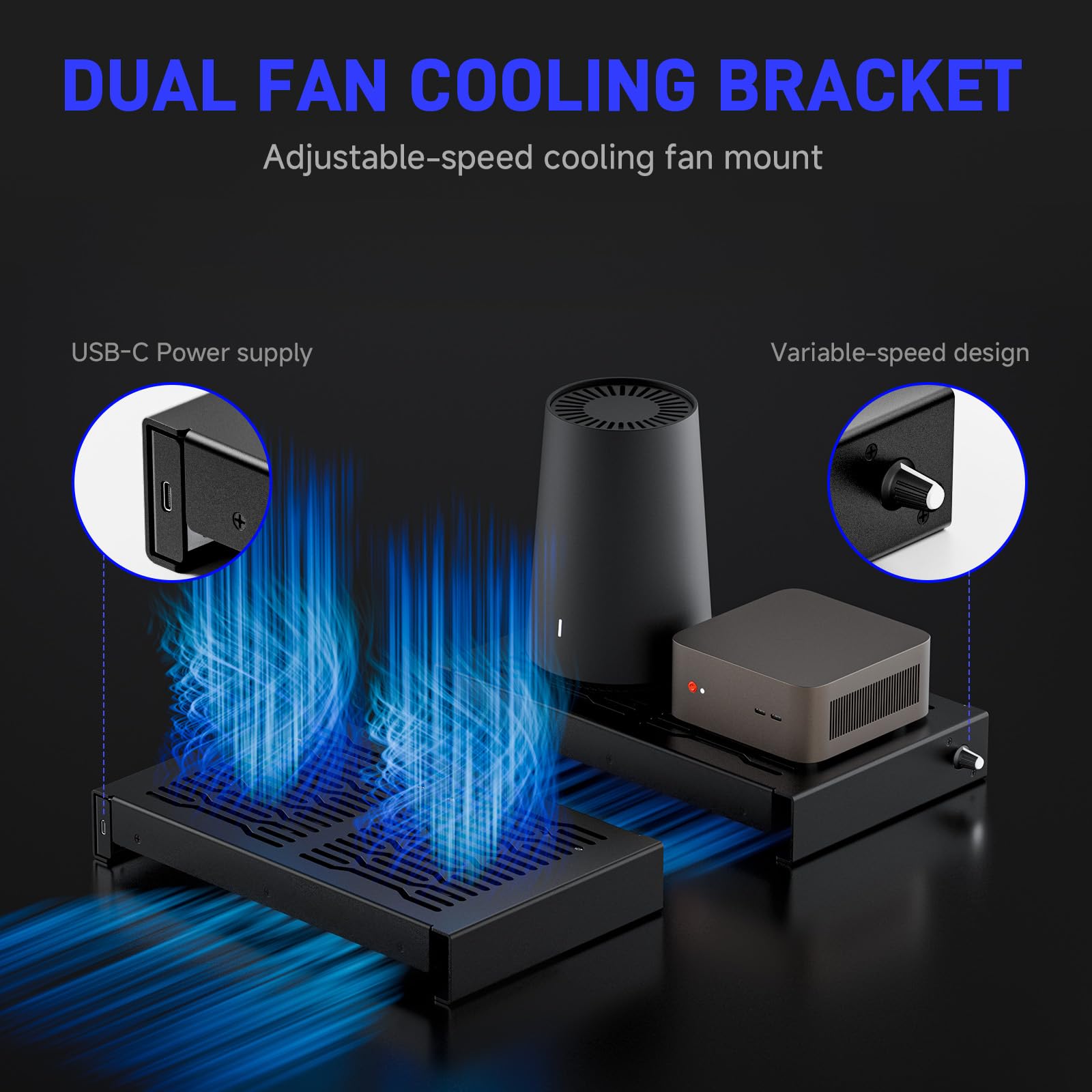 Quiet 2 ventole USB da 120 mm, supporto in alluminio con ventola di raffreddamento, compatibile con Mac mini, organizer da scrivania per router, TV Box, mini PC, interruttore, design a dissipazione