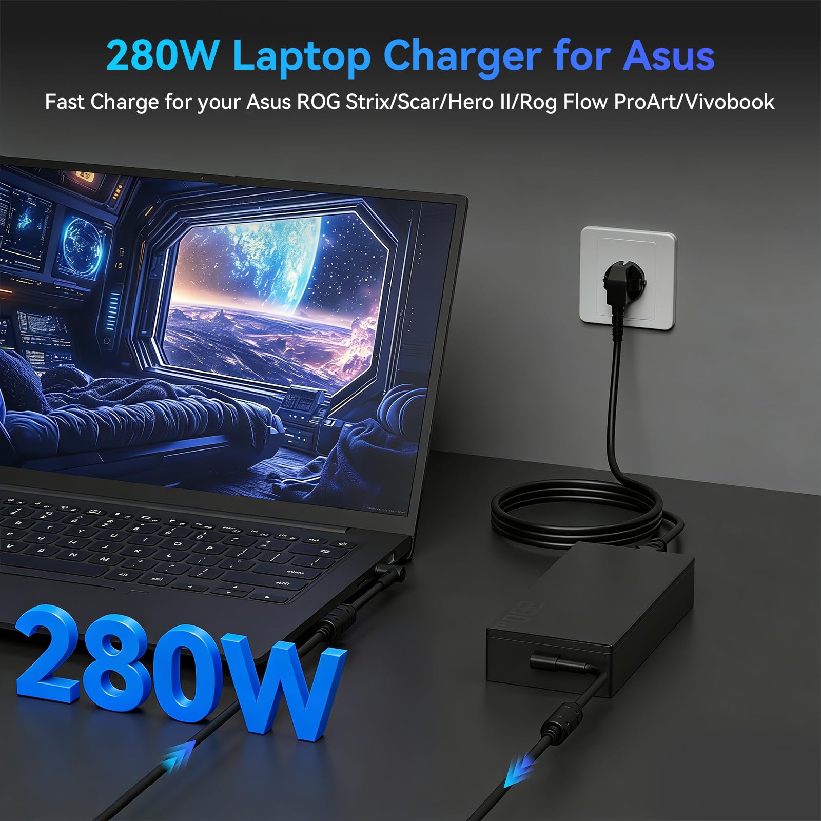 280 W Laptop zasilacz ładowarka do Asus ROG Strix G15 G16 G17 G18 Scar 15 17 Scar/Hero II/Rog Flow X16, ASUS TUF A16 F16 Zephyrus G14 G15 G16 M15 S17 Duo 15 15 16 ProArt/Vivobook kabel do ładowania