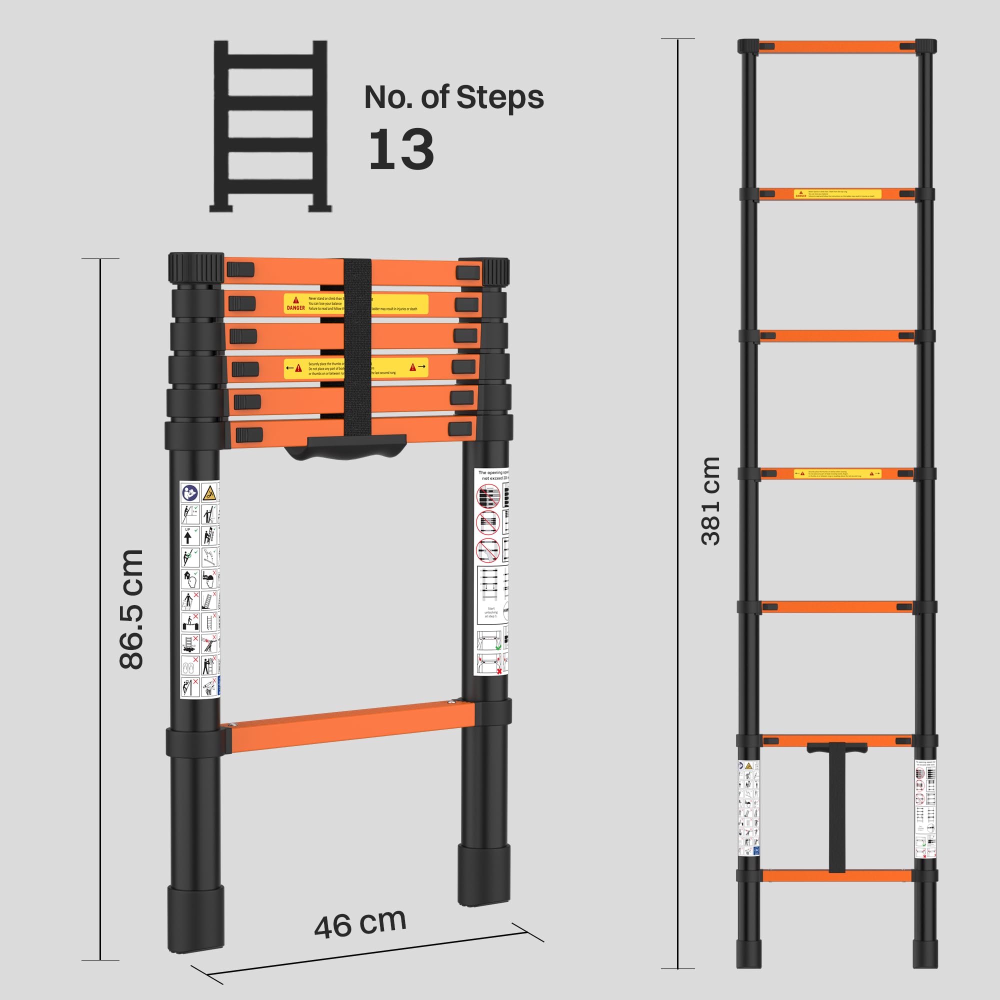 BonKaso Telescopic Ladder, 3.8m / 12.5Ft, 13 Steps – Heavy-Duty Foldable Alloy Steel Ladder | Anti-Slip, 150kg Load Capacity, Rustproof & EN131 Certified – Matt Black & Orange — Amazon image 8