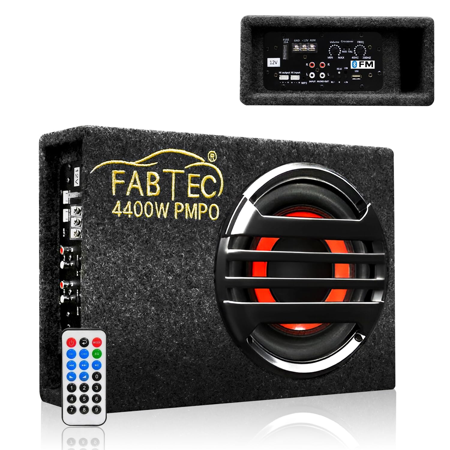 FABTEC 8 Inch Underseat Active Subwoofer Bass Tube with USB, FM & Bluetooth for Cars (InBuilt Amp, 200 RMS)-image-1