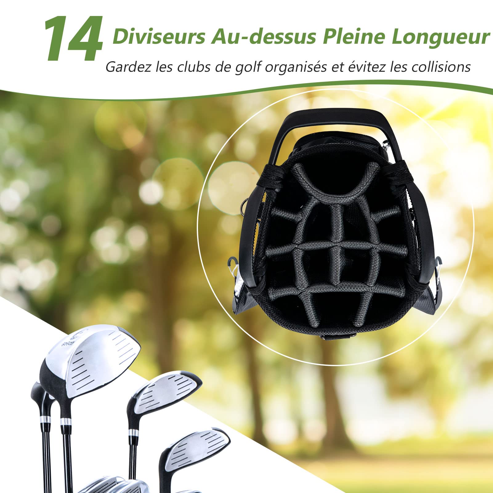 GOPLUS Sac de Chariot de Golf 14 Compartiments séparés avec Capuche Anti-Pluie, Sac de Voyage de Golf léger et Portable avec Housse Anti-poussière, bandoulière, Sac étanche pour Objets de Valeur