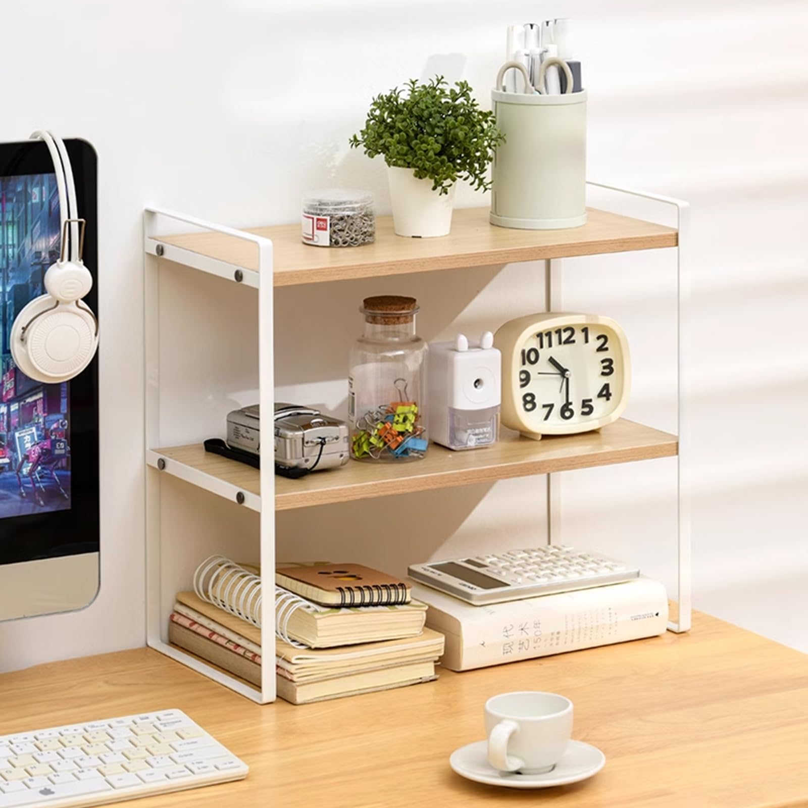 Étagère de bureau en bois, 40 x 20 x 36 cm, à 2 étages, multifonctionnelle, blanche, pour la maison, le bureau, l'école