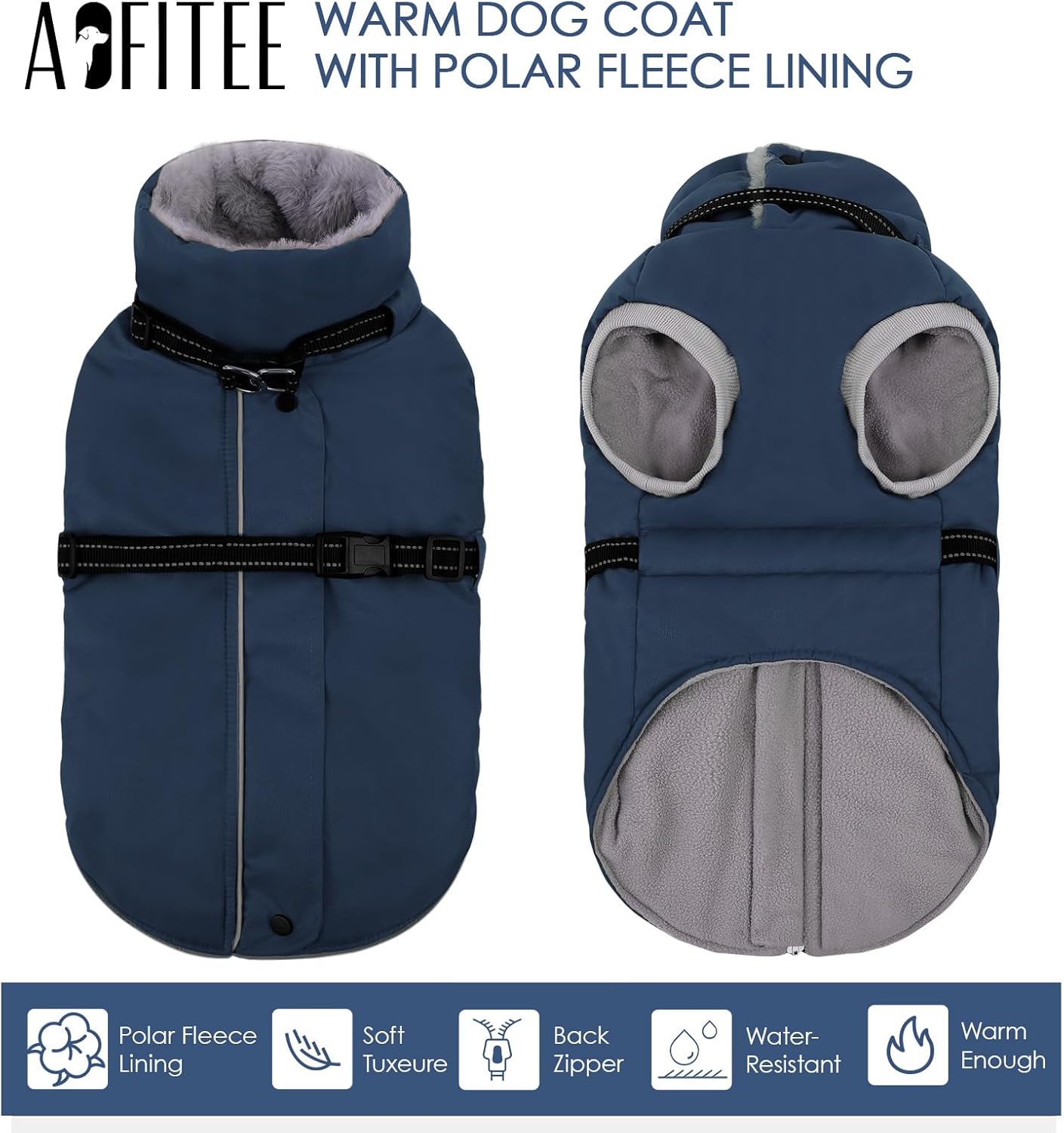 AOFITEE Small Dog Coat with Harness Built in, Fleece Dog Winter Jacket, Reflective Puppy Winter Coat with Zipper On Back, Warm Turtleneck Pet Sweater Windproof Puffer Jacket for Chihuahua, Yorkie, XS - Image 3