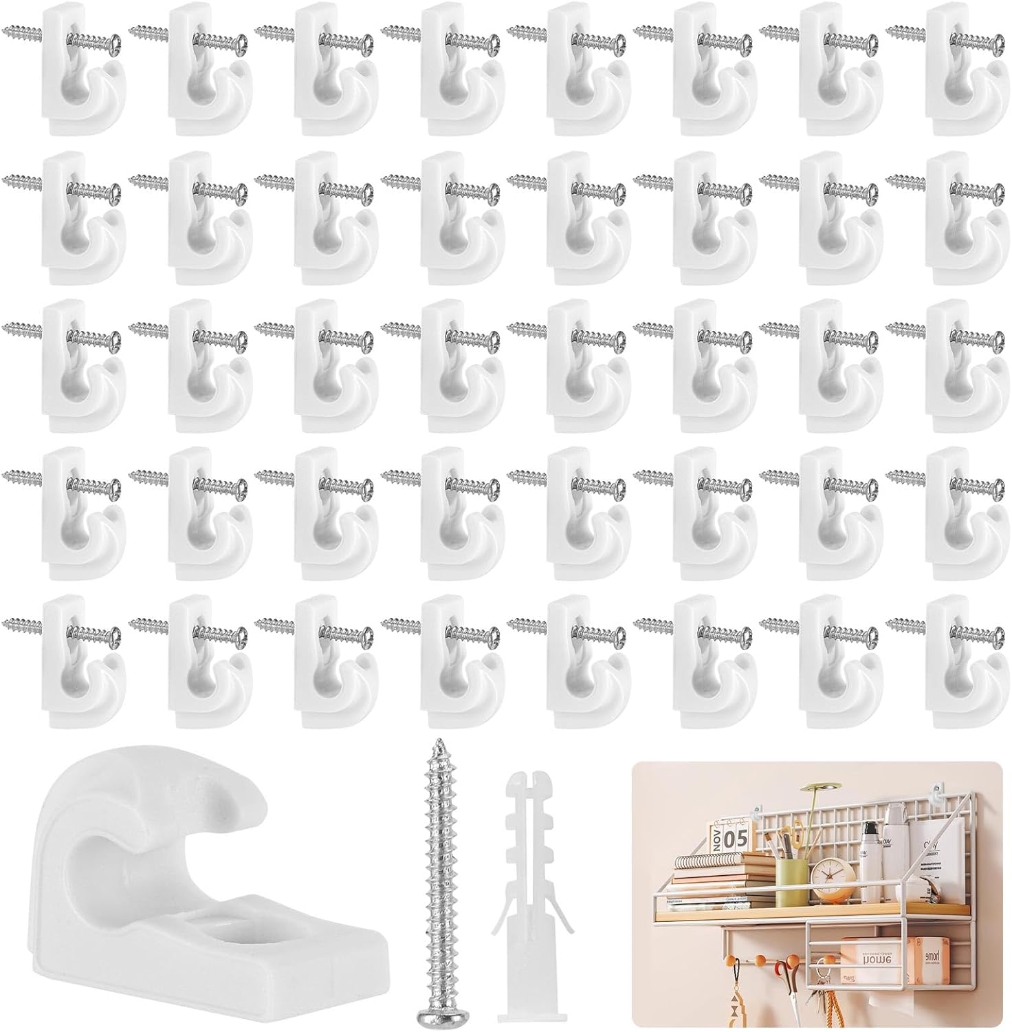 40 Pcs Closet Shelf Clips Set, White Heavy-Duty Plastic Down Wall Clips for Hanging Wire Shelves, Keys, Paintings, Decorations