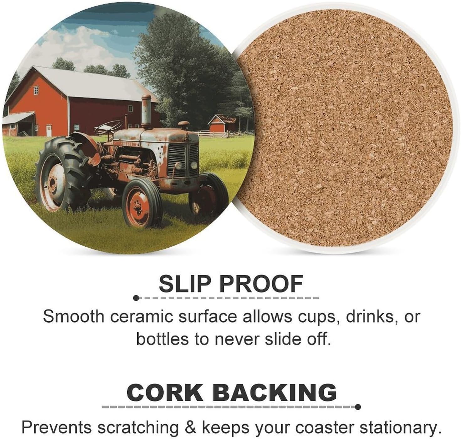 6PCS Company Farm Tractor Coasters Non-Slip Round Drink Coasters with Ceramic Stone and Cork Base, Heat Resistant Absorbent 33.00Stone Coaster Set for Kinds of Mugs and Cups, 4 Inch