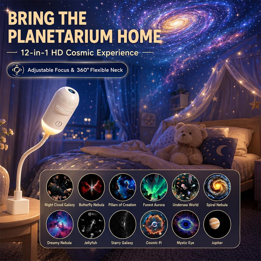 2 in 1 Galaxy Projector Night Light, LED Projektor Sternenhimmel mit 12 Folien, 360° Adjustable Sternenhimmel Projektor Erwachsene für Wohnzimmer, Schlafzimmer, Autos