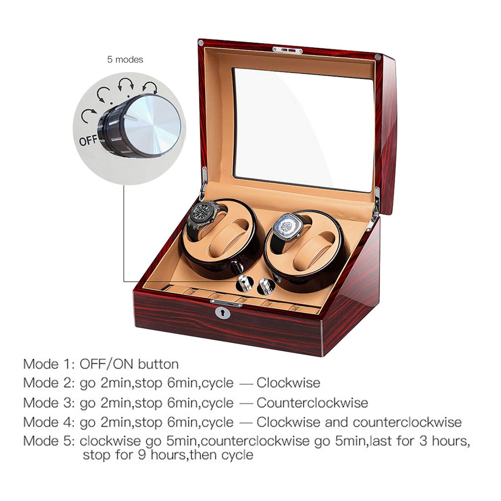 Caricatore Automatico per Orologi Scatola Carica Orologi per 4 Orologi + 6 contenitori con Chiave Guscio in Legno Vernice Pianoforte Esterno Adattatore e Carica Orologi Alimentato