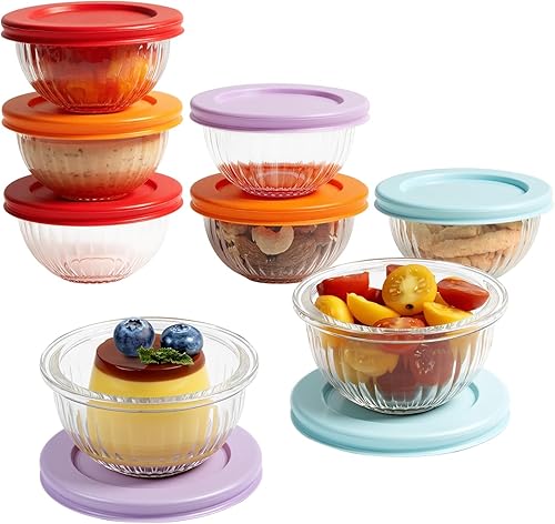 Freshmage Cuencos Pequeños de Vidrio con Tapas, [8 Unidades - 6.25 Oz] Juego de Cuencos para Preparación de Comidas, Recipientes Pequeños Apilables