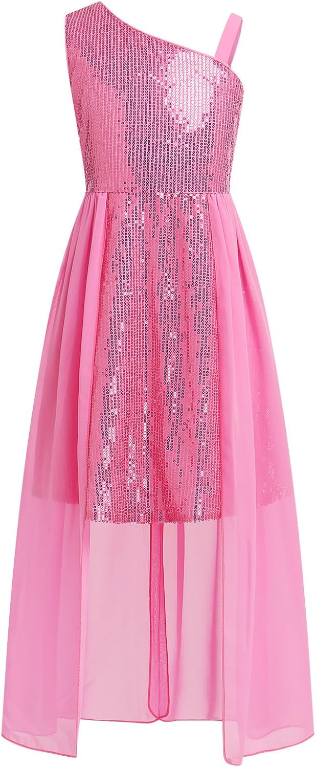 IBTOM CASTLE Flower Girls Sequin Dress Chiffon Ruffle Princess Tulle One Shoulder Dress Pageant Birthday Wedding Gown - Image 2