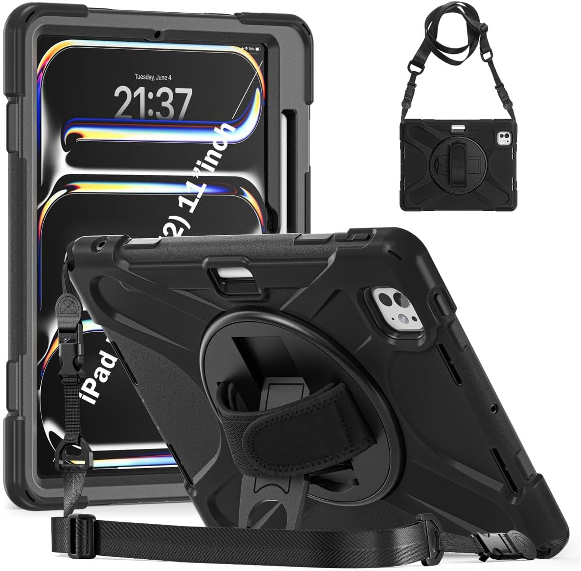 Rudo Case for iPad Pro 11 Inch (M4) (2024) Rugged Protective Child Case with 360 Rotating Base and Shoulder Strap (Black)