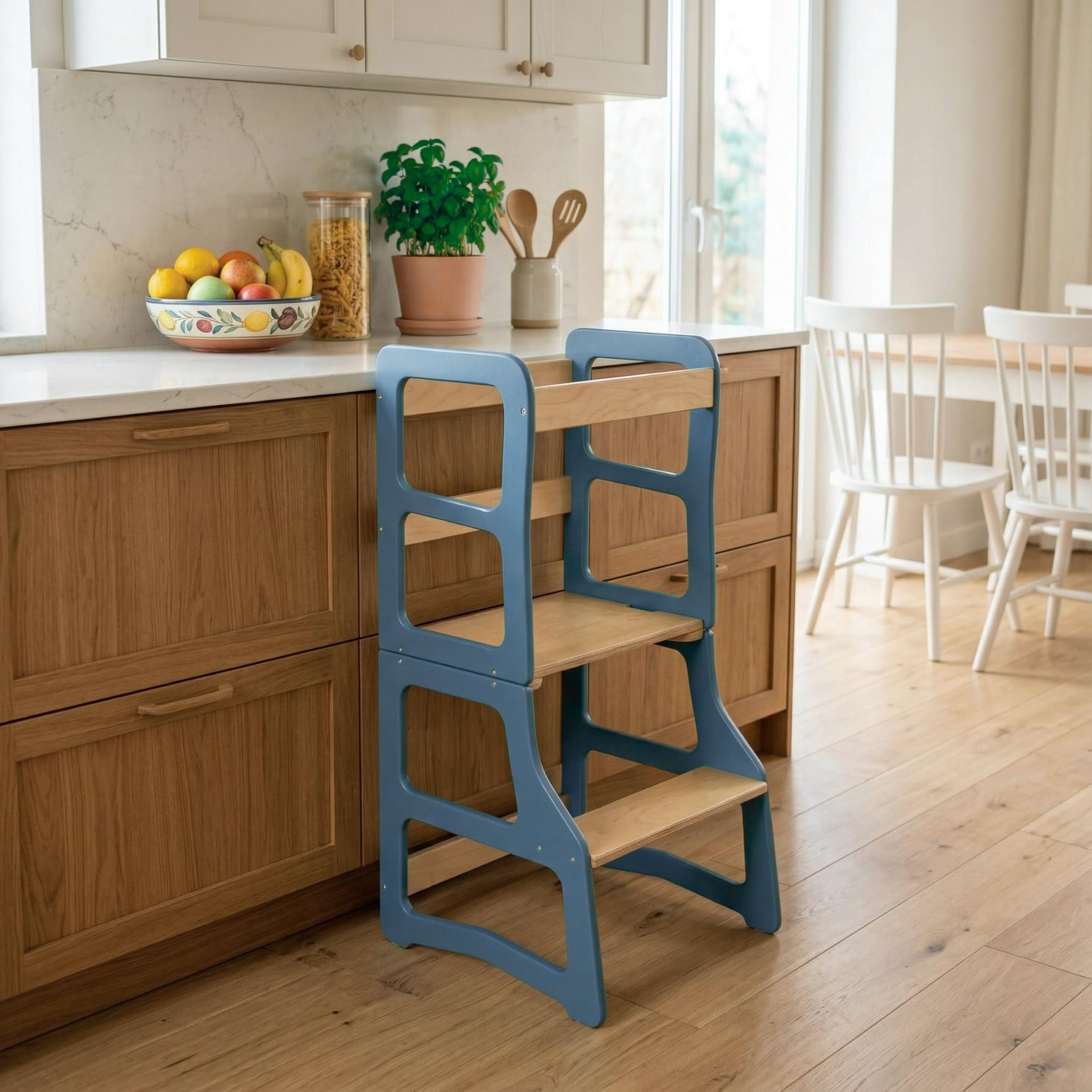 Dunorm - Lernturm Kinder Montessori, Lerntuem Tisch, Küchenhelfer Steh, Umwandelbarer Leiter Helferhocker, 2 in 1 Set Mit Hochstuhl Vorhanden, Handgefertigt
