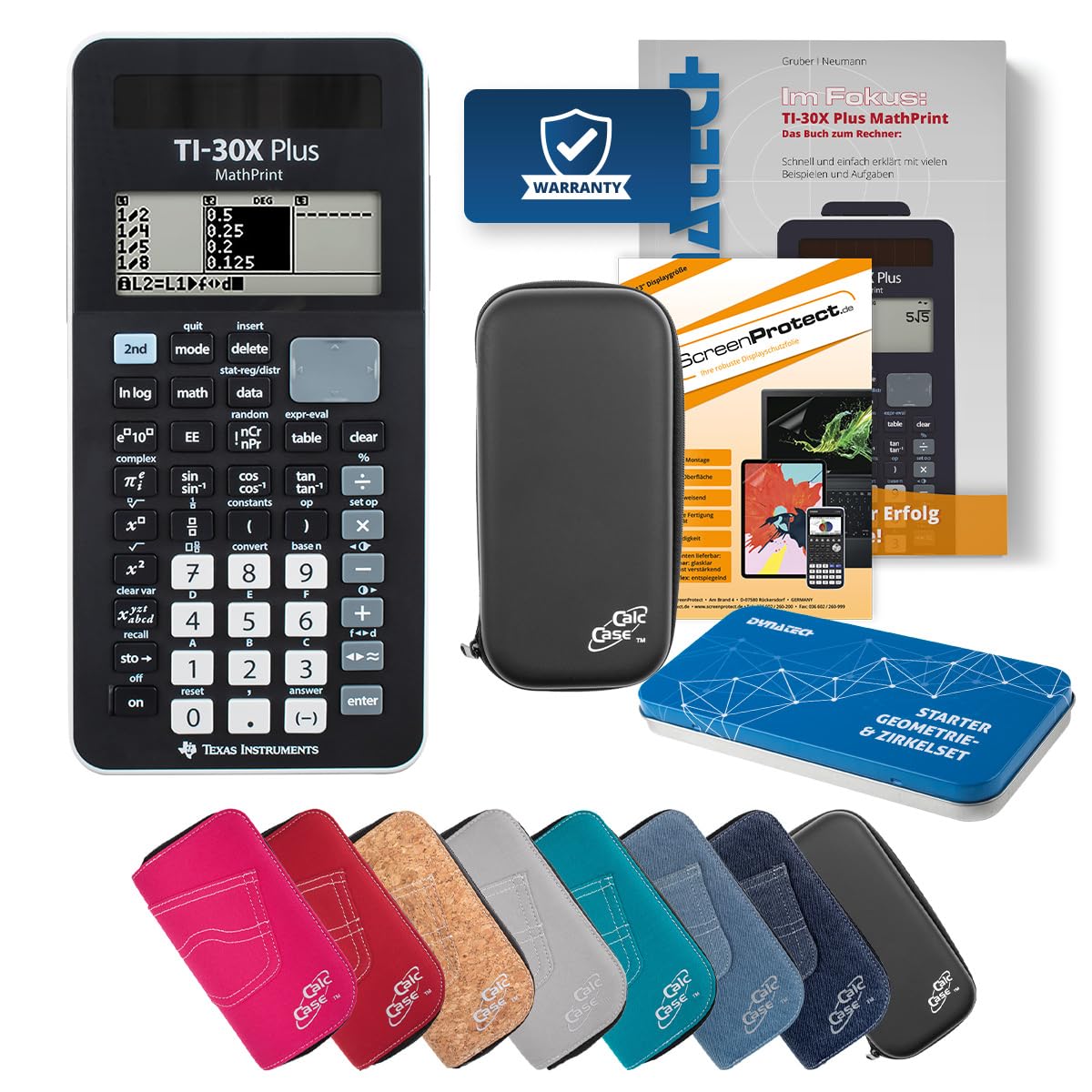 Texas Instruments TI-30X Plus MathPrint Taschenrechner – wissenschaftlicher Schulrechner Sek I & II, Abitur/IQB zugelassen, inkl. Schutztasche, Lernbuch & Geometrie-Set (Schwarz)