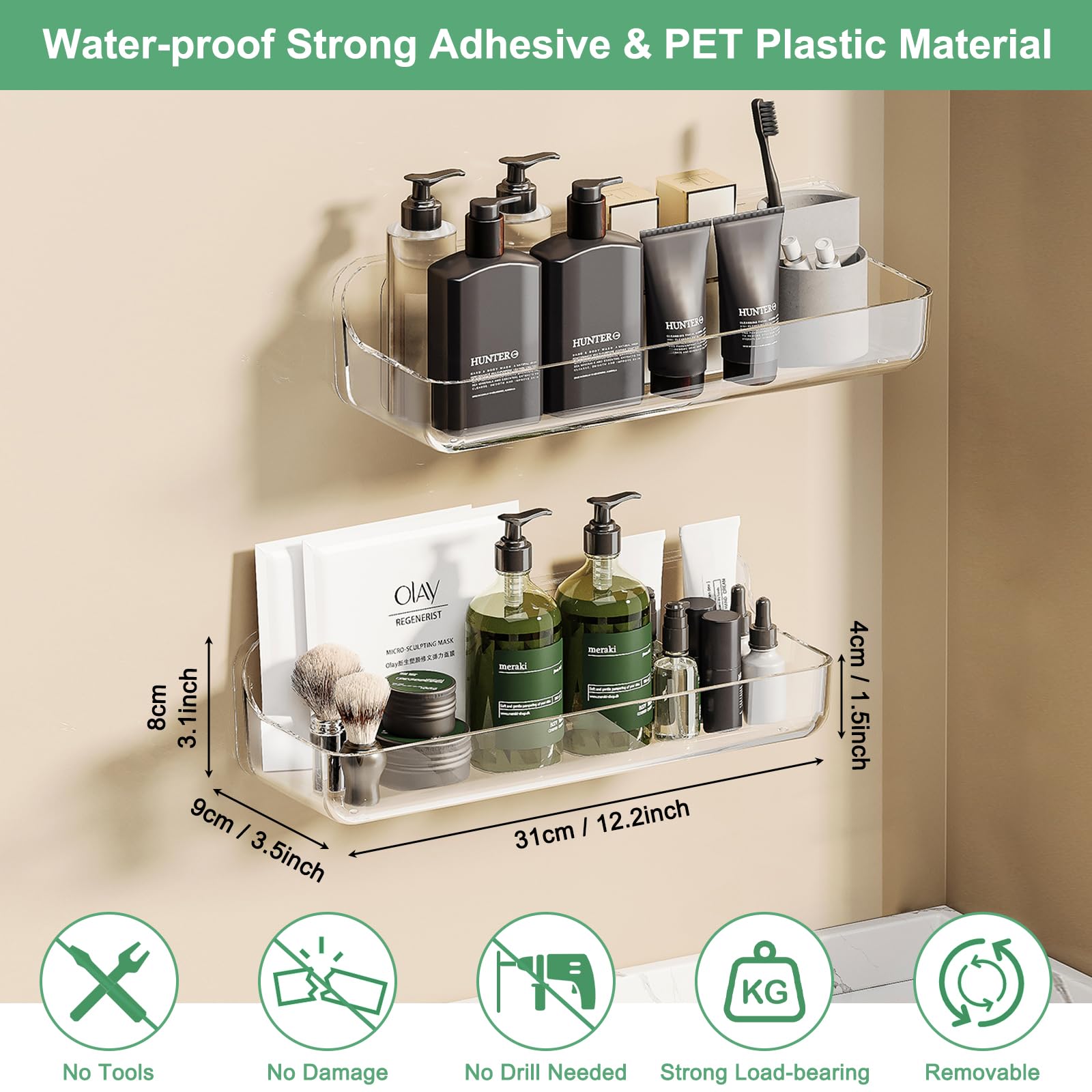 CGBE Mensola per Doccia Senza Foratura, Confezione da 2 Mensole per Bagno, Cestini per Doccia, Mensole per Bagno in Plastica Autoadesive con Montaggio a Parete per Bagno e Cucina.(Clear, Large*2)