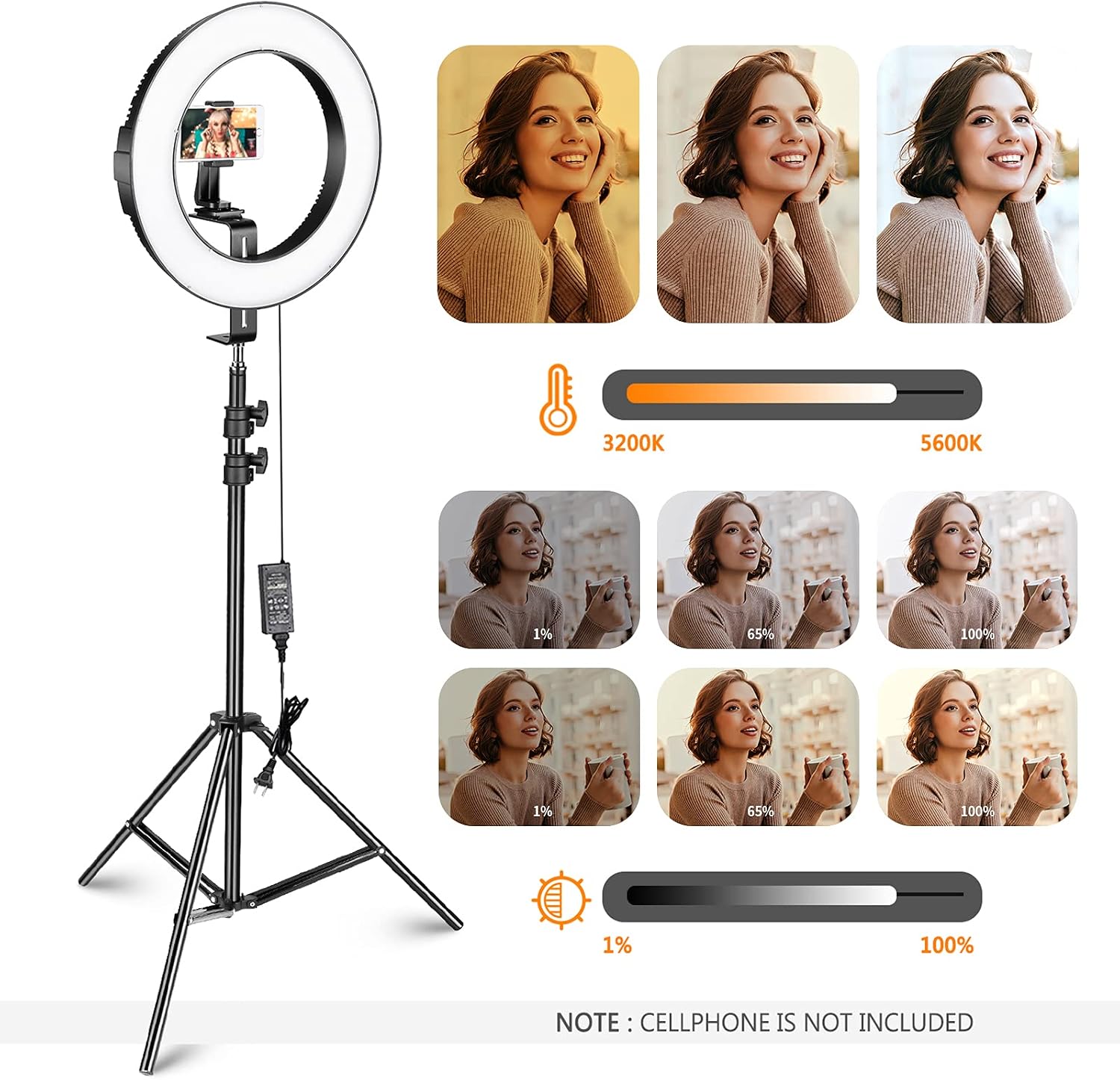 Neewer 14-inch Outer Dimmable Bi-color SMD LED Ring Light Lighting Kit for Smartphone Video Shooting with (1)Light Stand,(1)Ball Head,(1)Phone Holder,(2)Li-ion Battery,(1)Charger,(1)Bluetooth Receiver