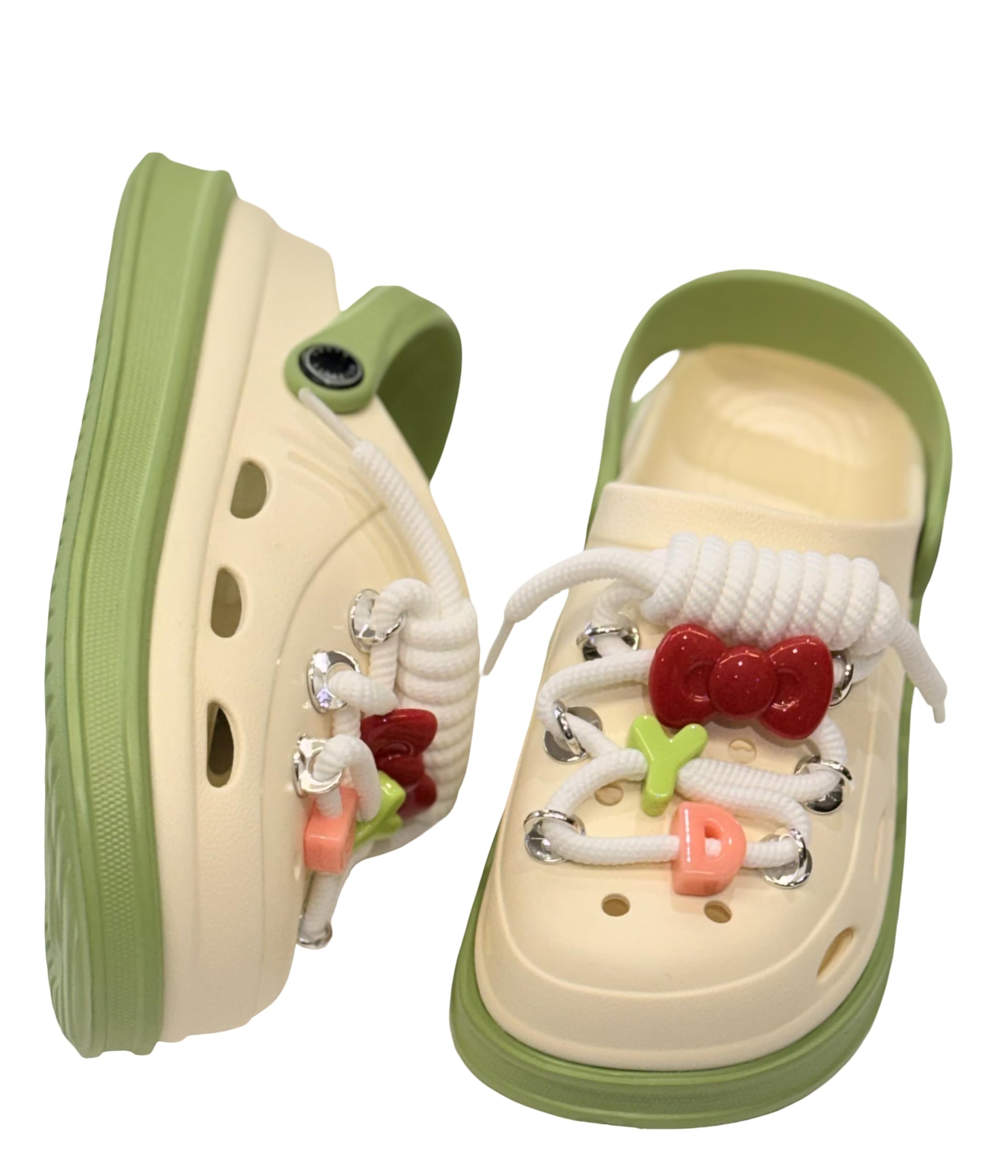 Women's Cream & Green Platform Clogs with Lace & Bow Charm Detail | Lightweight EVA Slip-On Sandals | Anti-Slip Casual Footwear-image-20