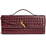 Woven Clutch Purses for Women, Formal Satchel Leather Evening Bag Shoulder Handbag Burgundy Red