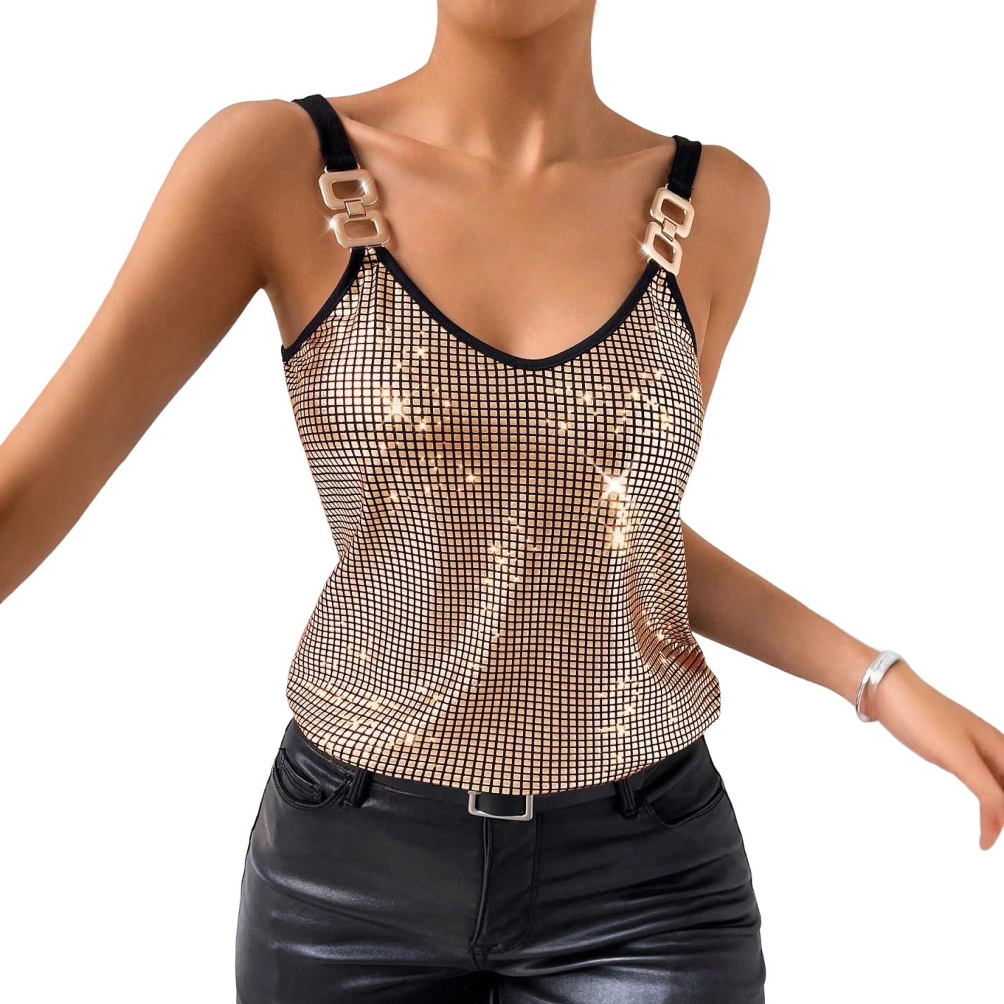 Disco Party Sexy Metallic Pailletten Glitzer Strass Neckholder Weste Rückenfrei Crop Deep V Tank Tops Cami Kette Top