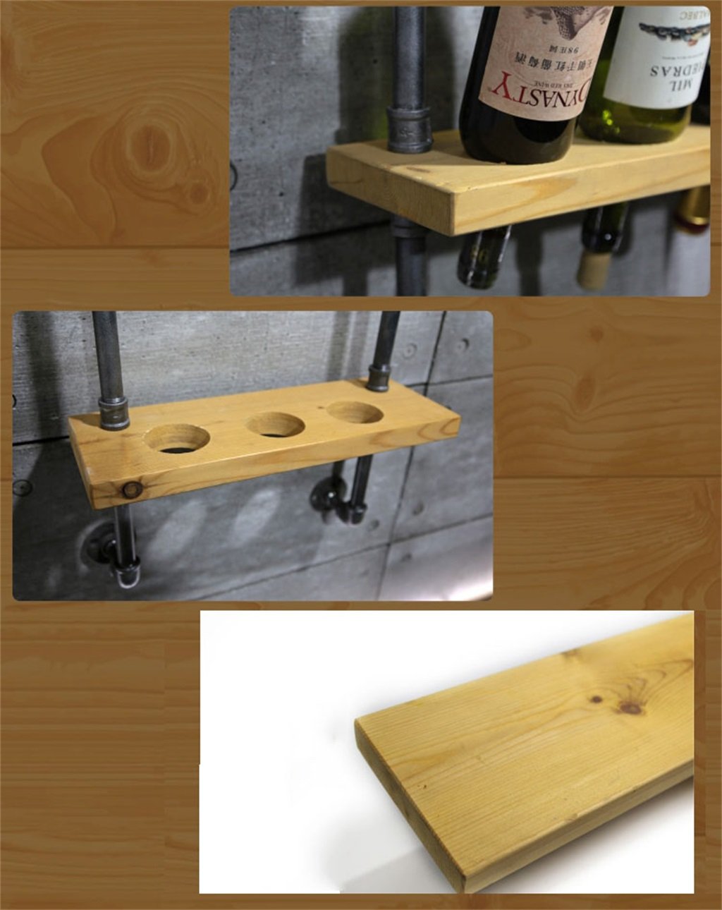 Support Mural Pour Porte-Bouteilles En Bois De Fer, étagère De Rangement Pour Unité Murale, Porte-Bouteille De Vin Vintage, Porte-gobelet à Vin Pour Bar De Cuisine (Couleur : Bois