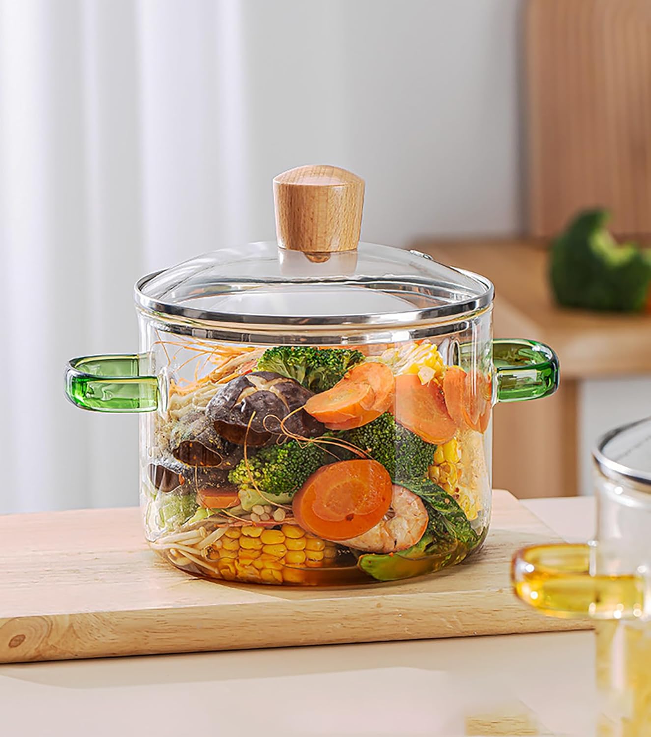 Clear Glass Simmer Pot Glass Cooking PotGlass Stock Pot with Lid,Heat-Resistant Glass Stovetop Pot and Pan with Lid for Pasta Noodle, Soup, Milk, Baby Food,Yellow,2300ml