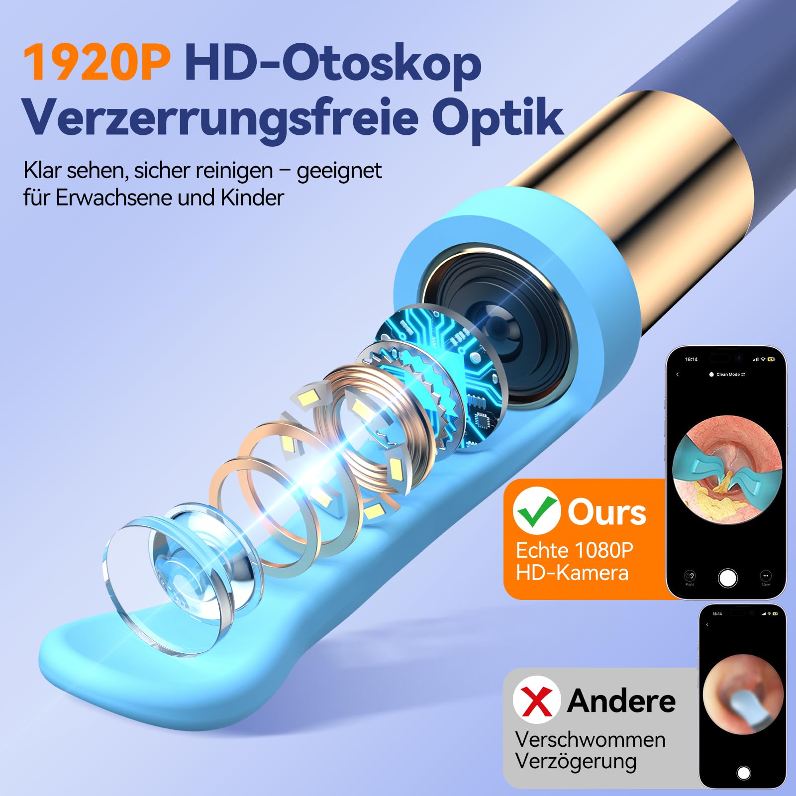 Ohrenschmalz Entferner Otoskop: 1920P HD WiFi Flexibler Ohrreiniger mit Kamera - 2025 NEW 360°-Weitwinkel Ear Cleaner mit licht für Ohren/Nasen/Hals-Untersuchungen Otoskop für Erwachsene Kinder